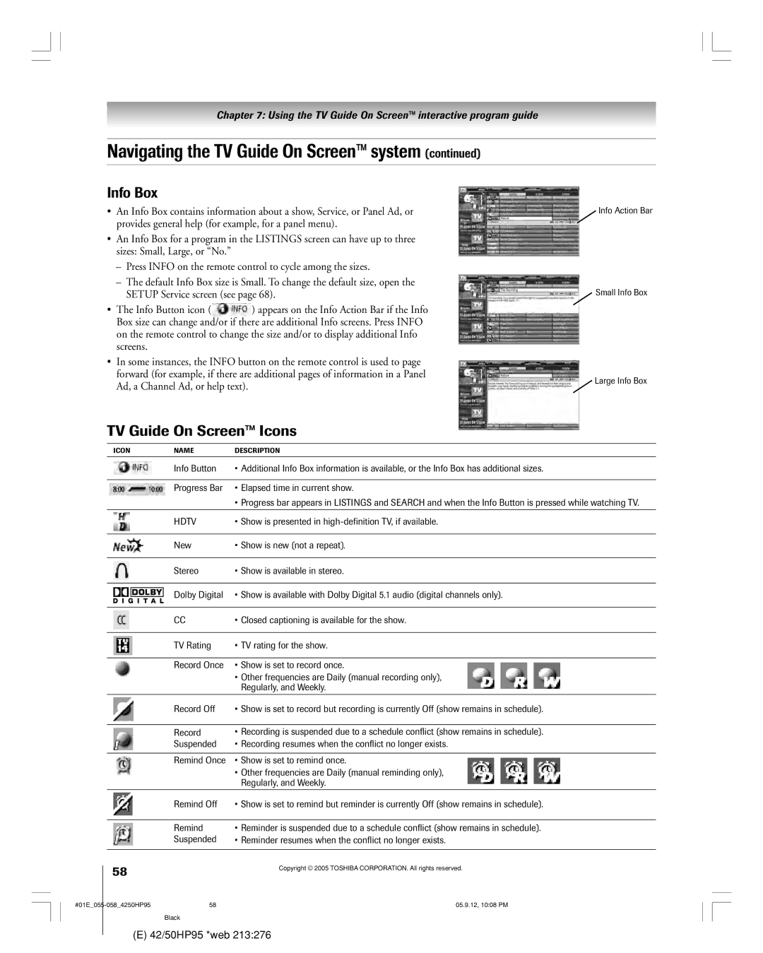 Toshiba 42HP95 owner manual Info Box, TV Guide On Screen Icons, Hdtv, Show is presented in high-definition TV, if available 