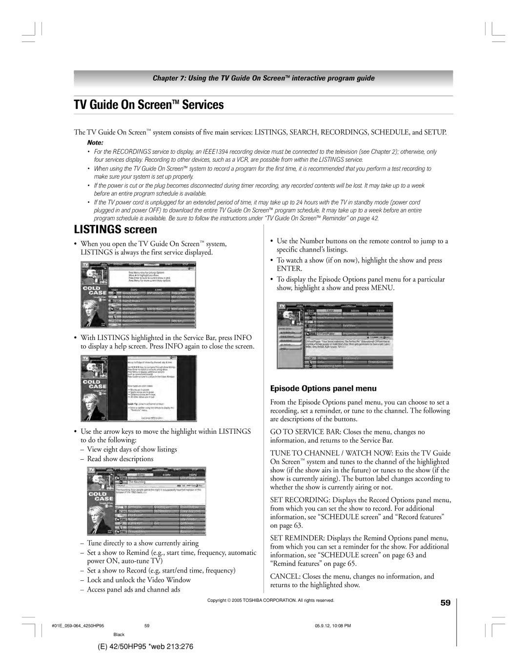 Toshiba 42HP95 owner manual TV Guide On Screen Services, Listings screen 