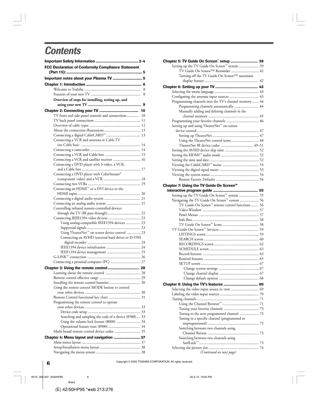 Toshiba 42HP95 owner manual Contents 