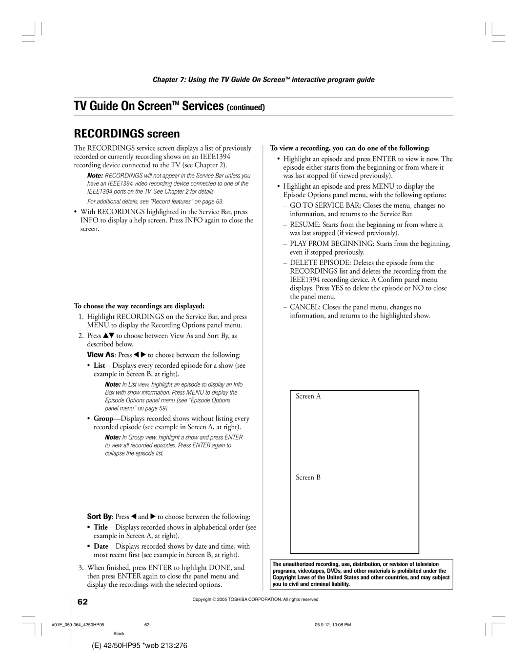 Toshiba 42HP95 owner manual Recordings screen, To choose the way recordings are displayed, Screen a Screen B 