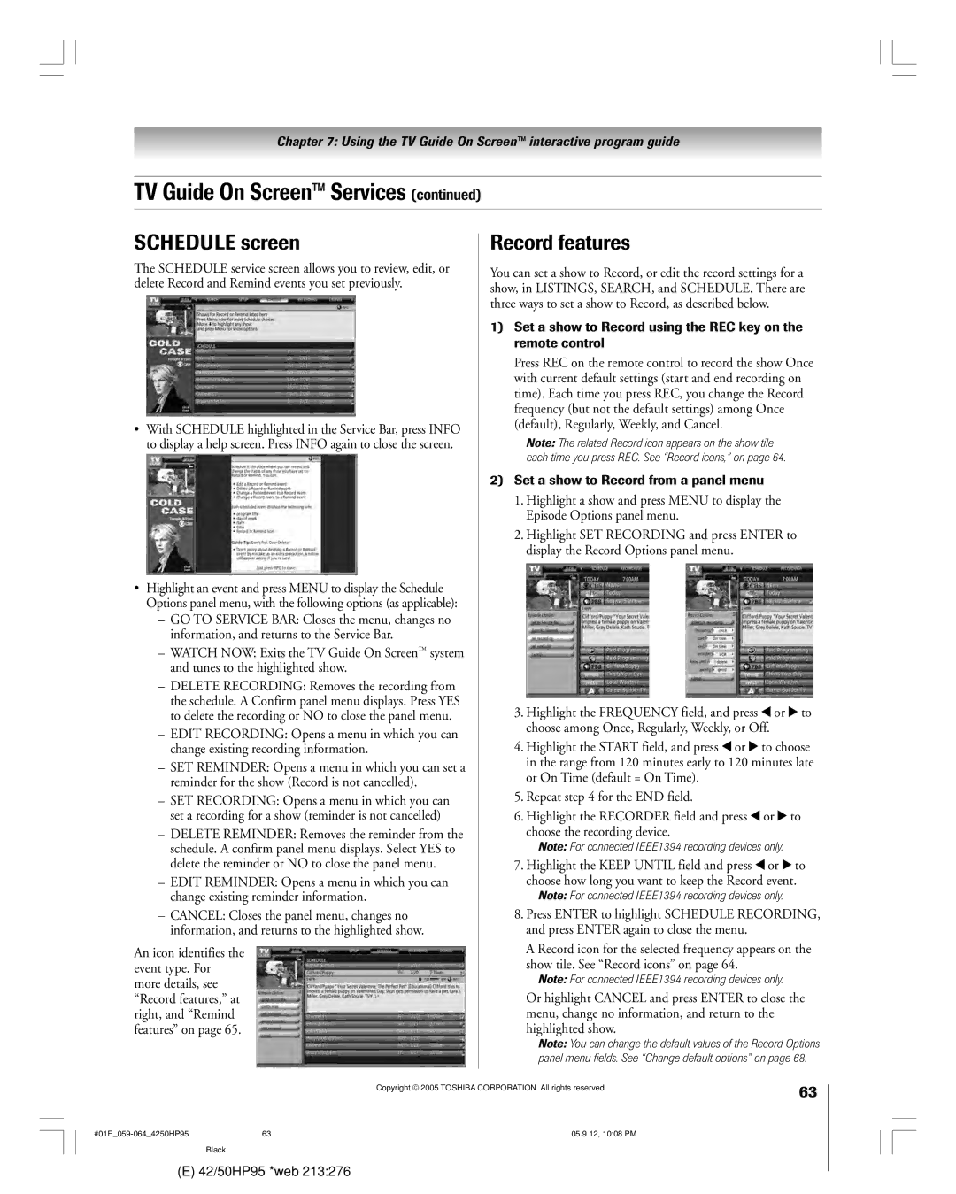 Toshiba 42HP95 owner manual Schedule screen, Record features, Set a show to Record from a panel menu 