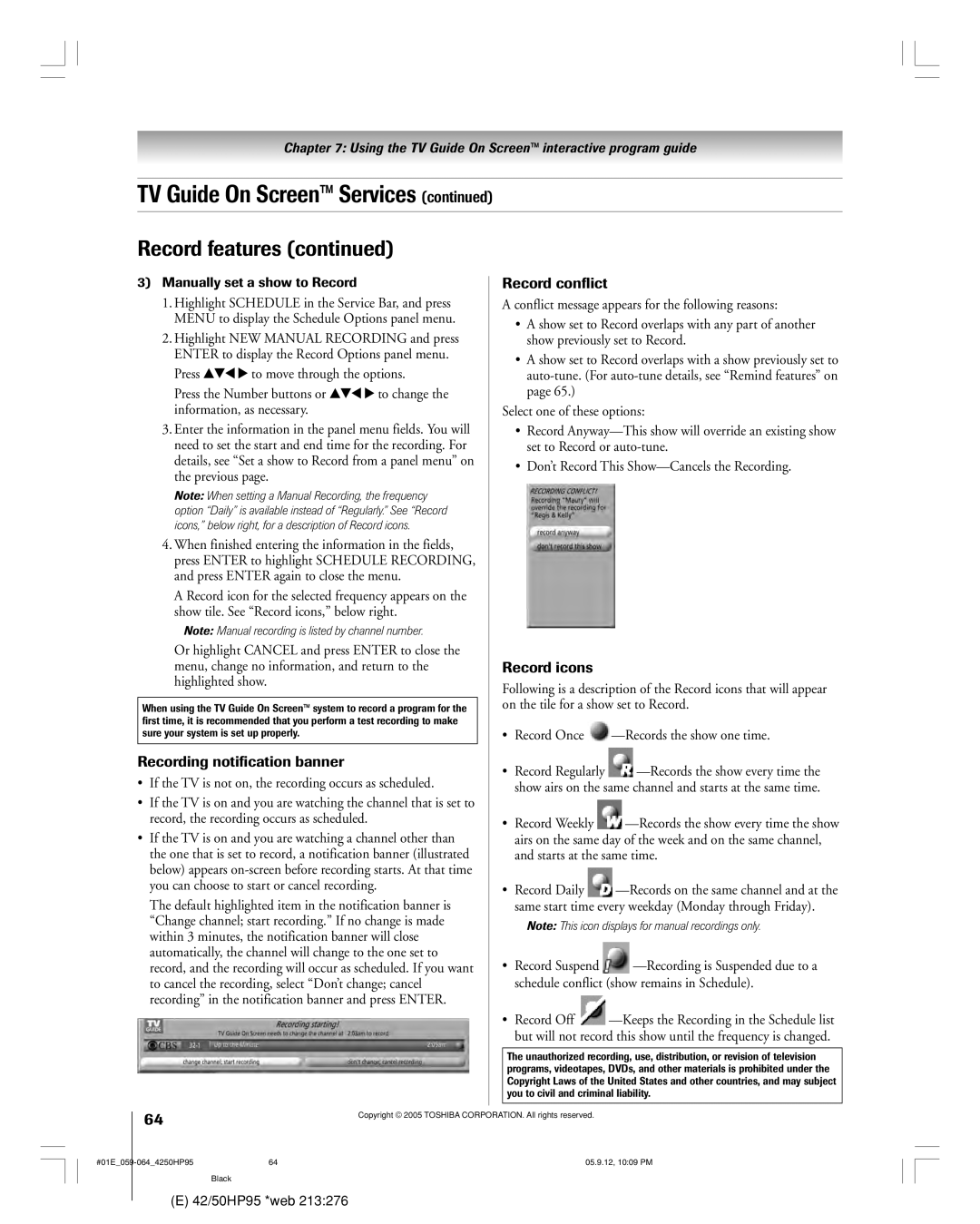 Toshiba 42HP95 owner manual Highlight NEW Manual Recording and press, Show previously set to Record, Previous 