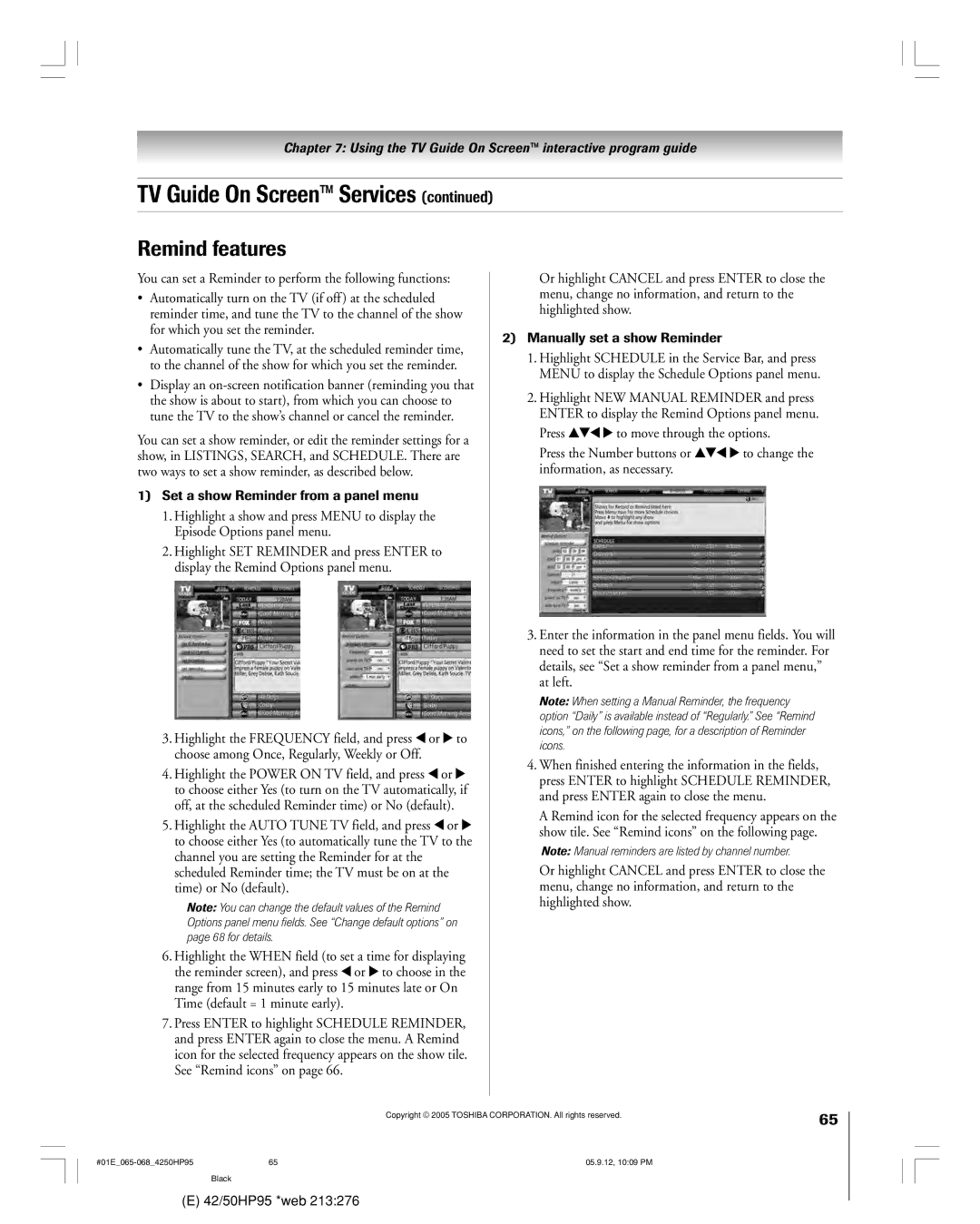 Toshiba 42HP95 owner manual Remind features 