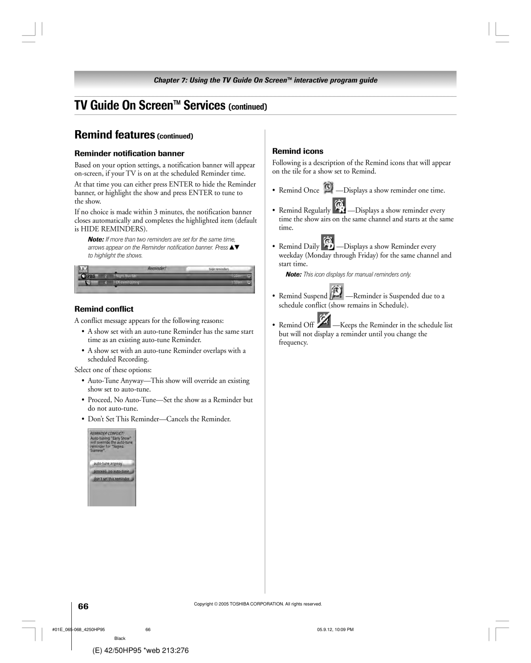 Toshiba 42HP95 owner manual Reminder notification banner 