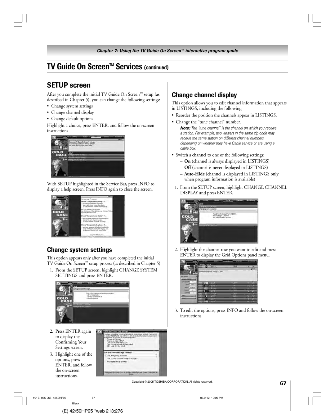 Toshiba 42HP95 owner manual Setup screen, Change channel display, Change system settings 