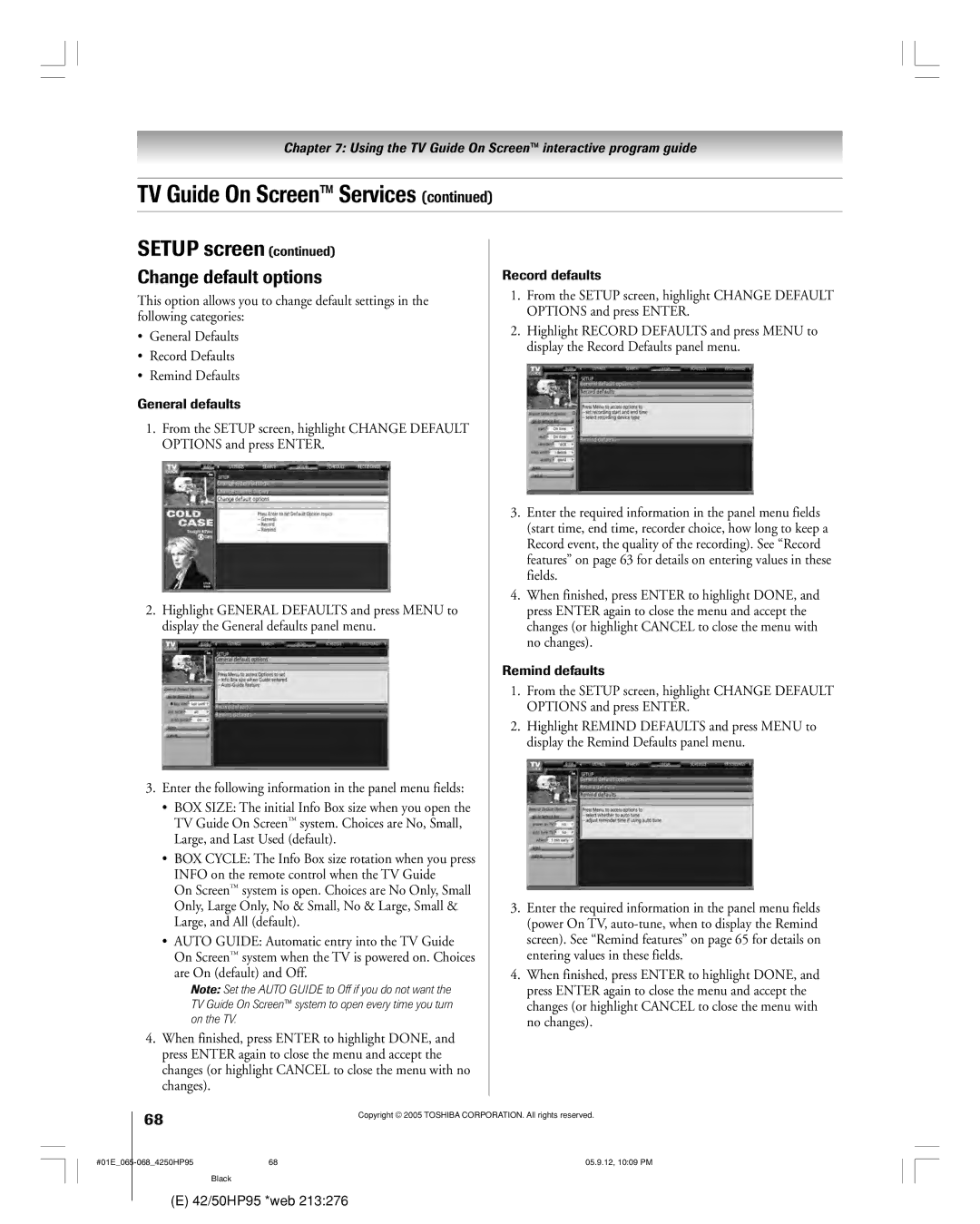 Toshiba 42HP95 owner manual Change default options, General defaults, Record defaults, Remind defaults 