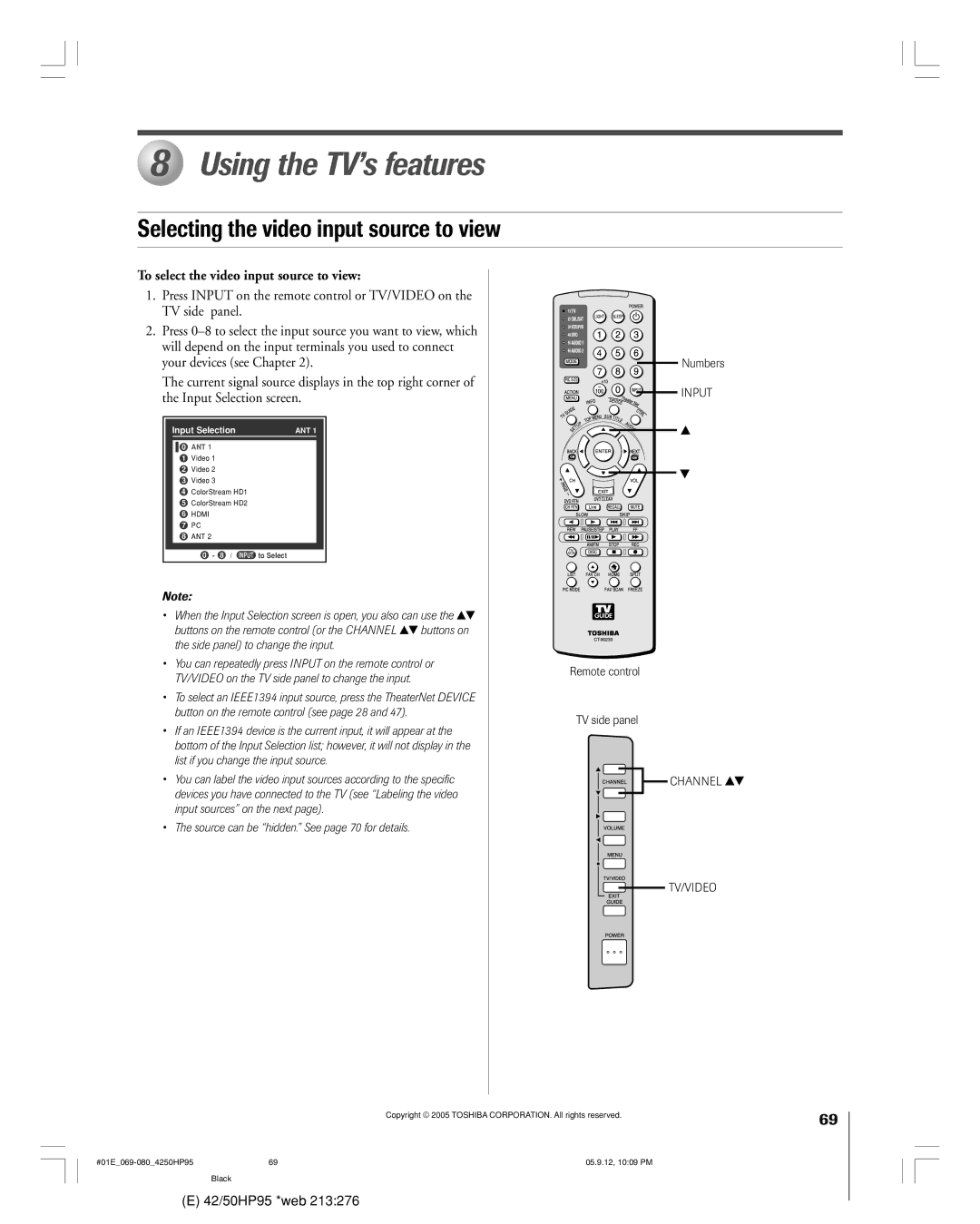 Toshiba 42HP95 Using the TV’s features, Selecting the video input source to view, To select the video input source to view 