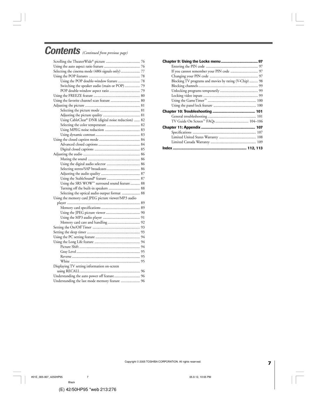 Toshiba 42HP95 owner manual 101, 107, 112 