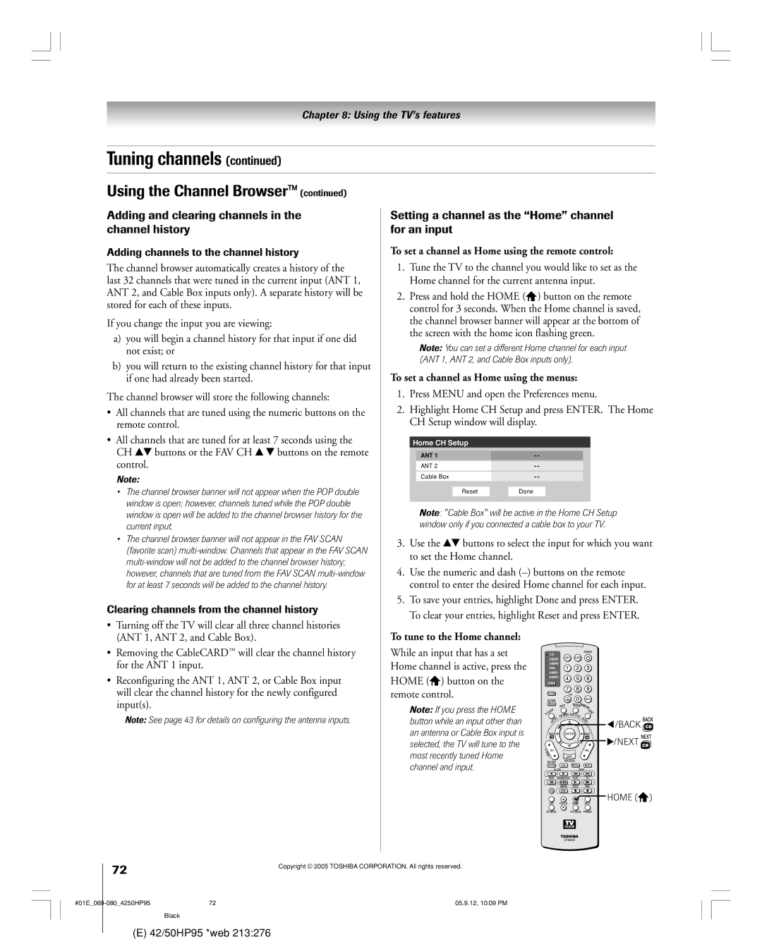 Toshiba 42HP95 owner manual To set a channel as Home using the remote control, To set a channel as Home using the menus 