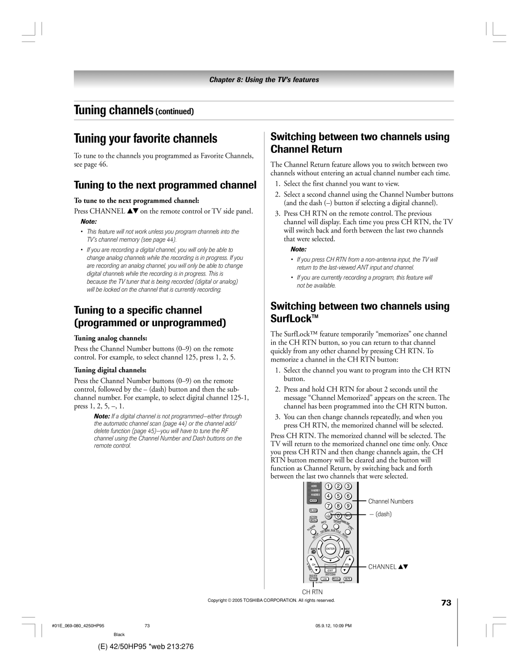 Toshiba 42HP95 owner manual Tuning channels Tuning your favorite channels, Tuning to the next programmed channel 