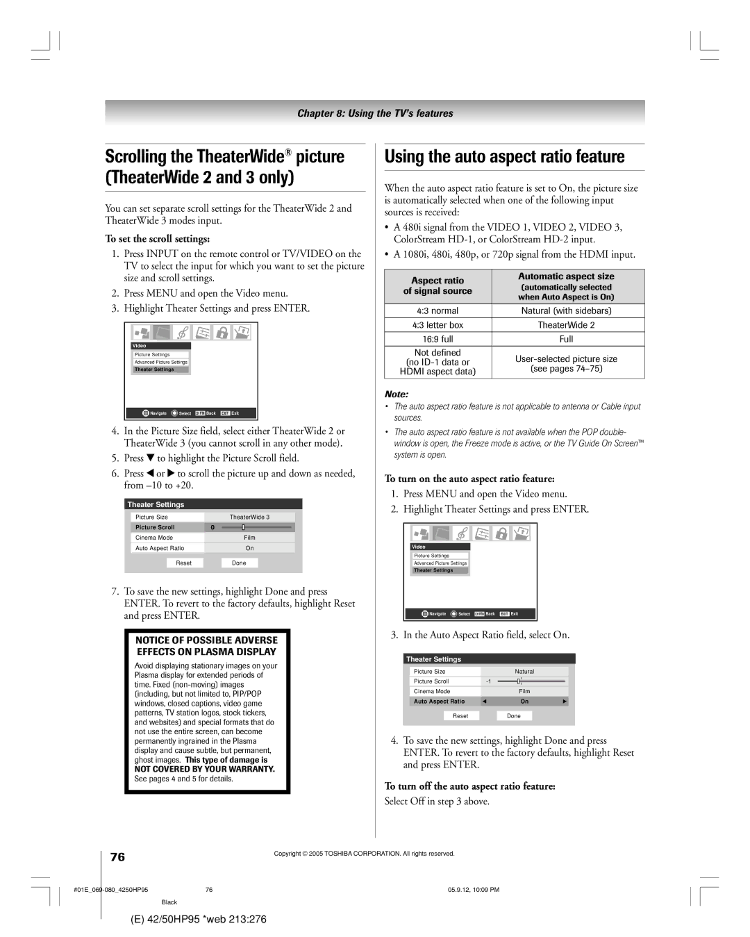 Toshiba 42HP95 owner manual Using the auto aspect ratio feature, Scrolling the TheaterWide picture TheaterWide 2 and 3 only 