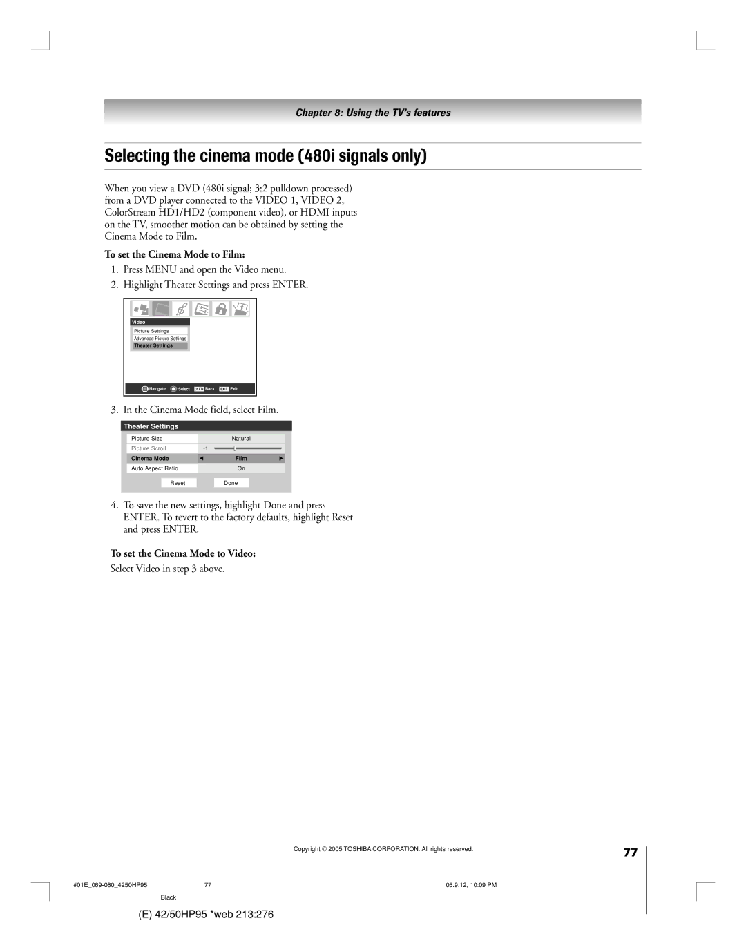 Toshiba 42HP95 Selecting the cinema mode 480i signals only, To set the Cinema Mode to Film, Cinema Mode field, select Film 