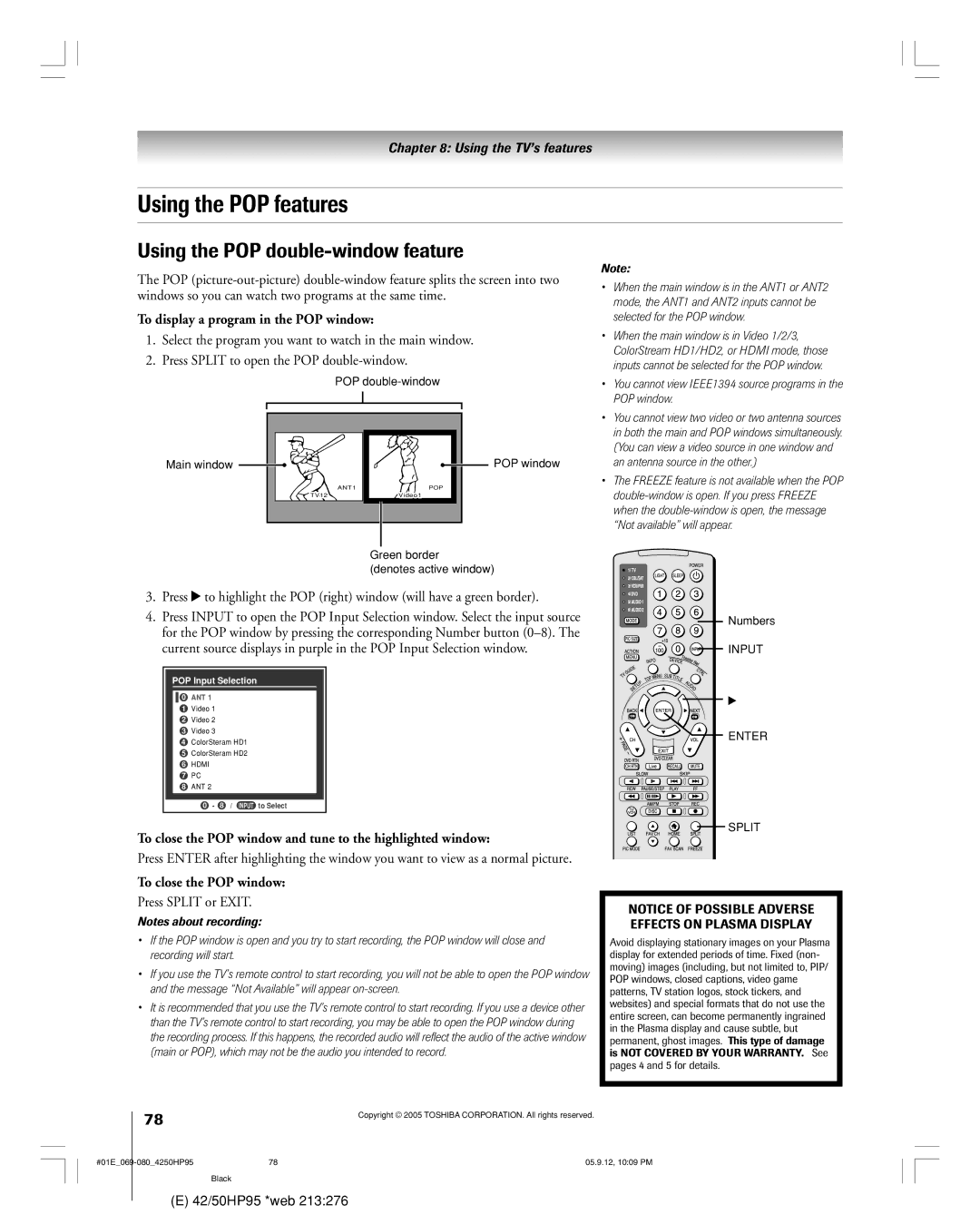 Toshiba 42HP95 Using the POP features, Using the POP double-window feature, To display a program in the POP window 