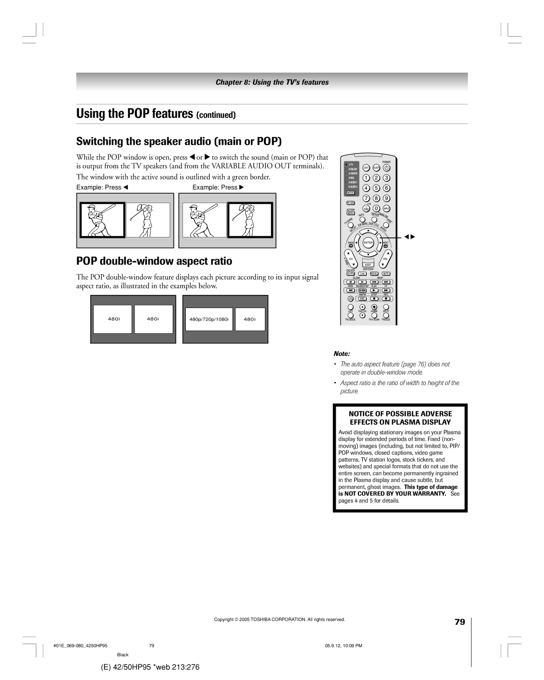 Toshiba 42HP95 owner manual Switching the speaker audio main or POP, POP double-window aspect ratio, Example Press 