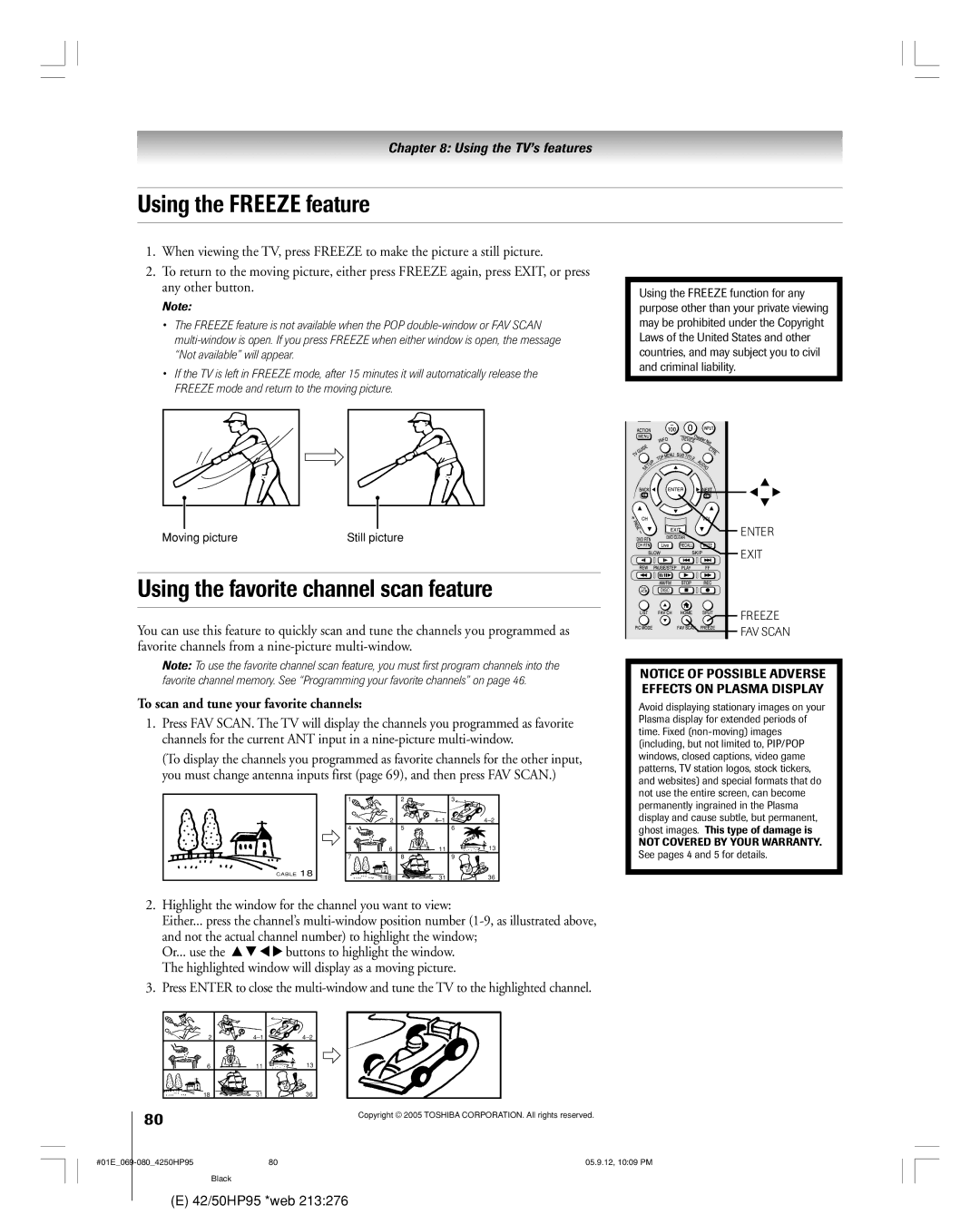 Toshiba 42HP95 Using the Freeze feature, Using the favorite channel scan feature, To scan and tune your favorite channels 