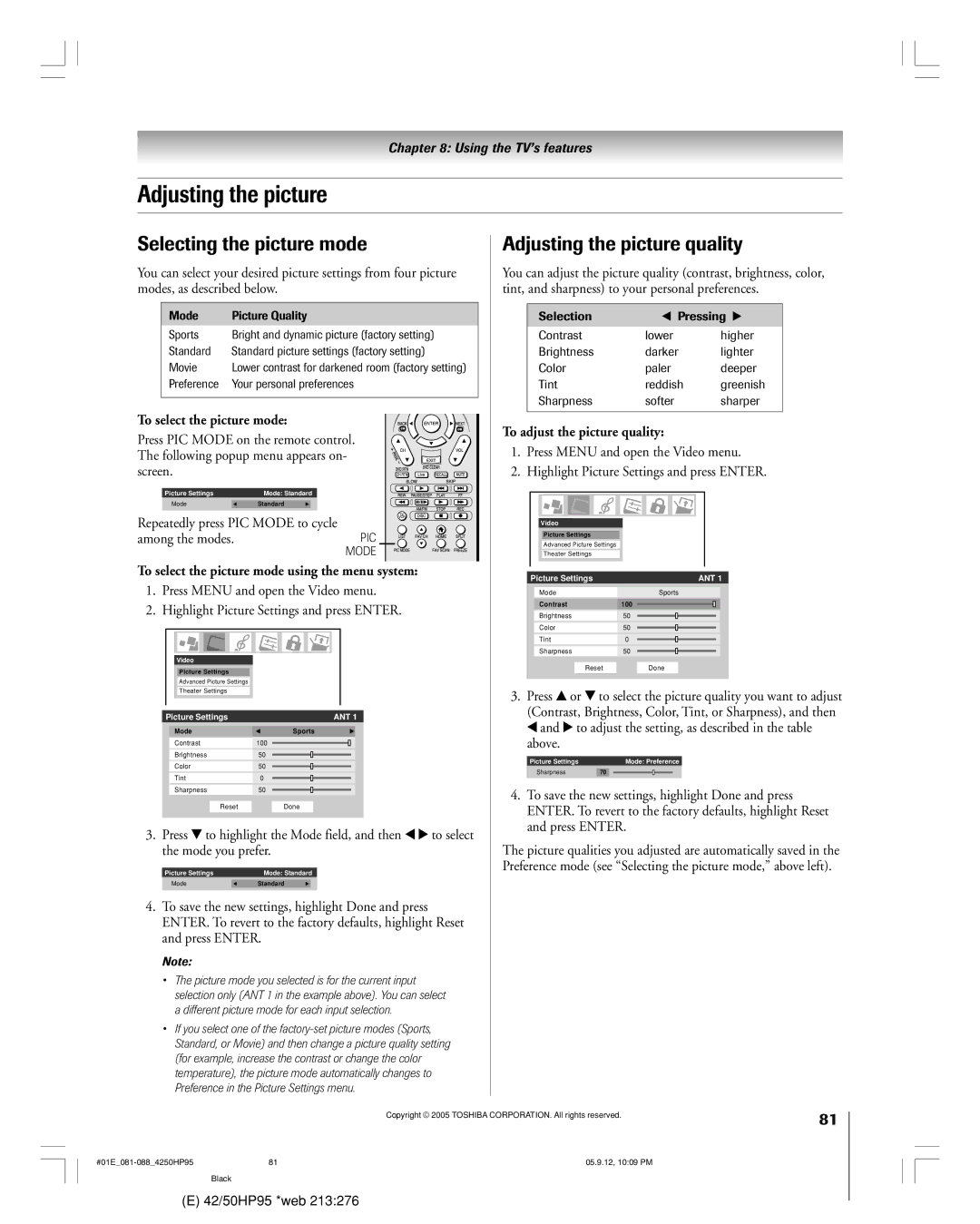 Toshiba 42HP95 owner manual Selecting the picture mode, Adjusting the picture quality 