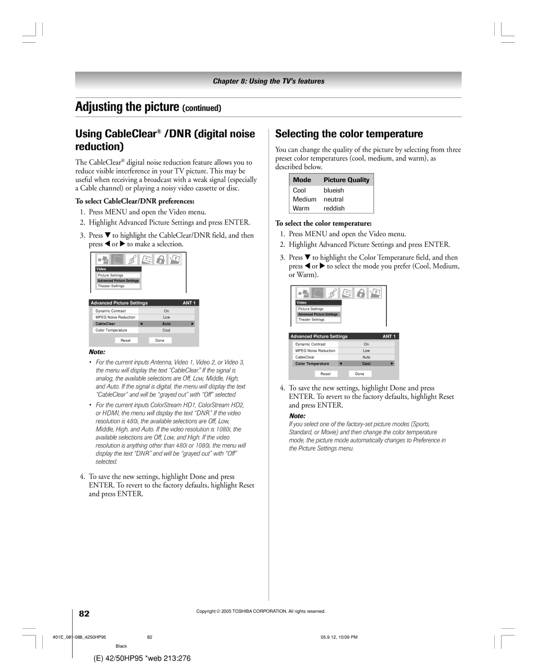 Toshiba 42HP95 owner manual Using CableClear /DNR digital noise reduction, Selecting the color temperature 