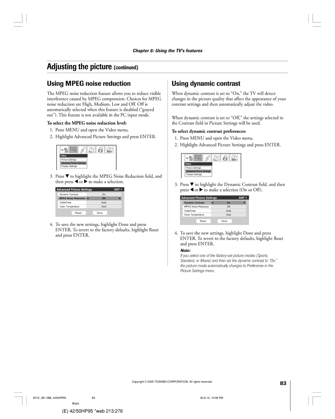 Toshiba 42HP95 owner manual Using Mpeg noise reduction, Using dynamic contrast, To select the Mpeg noise reduction level 