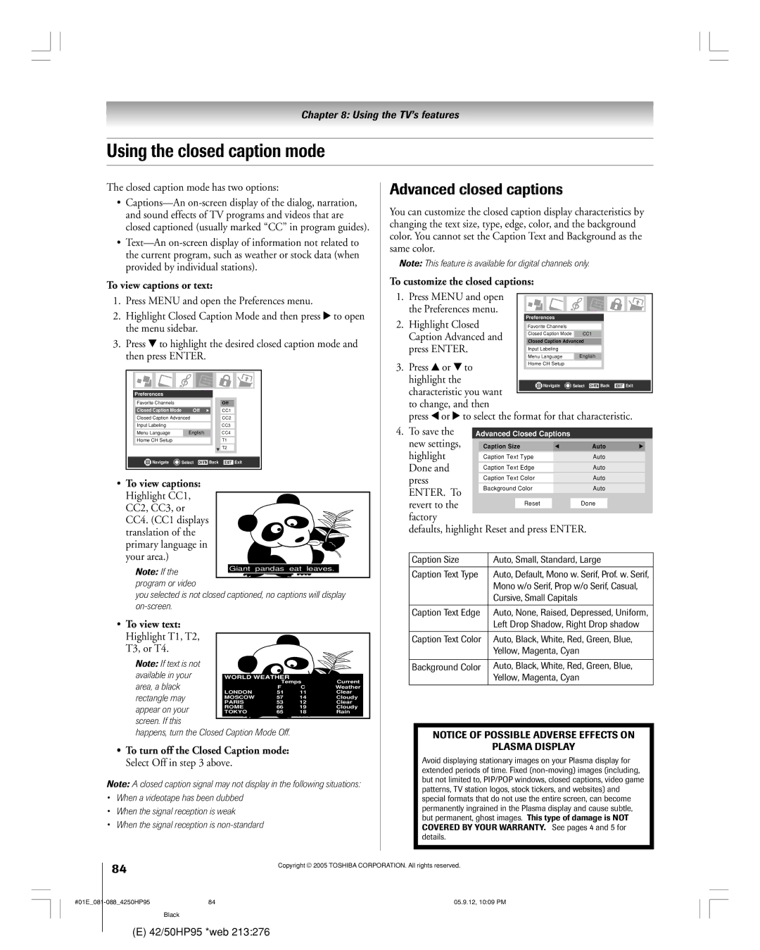 Toshiba 42HP95 owner manual Using the closed caption mode, Advanced closed captions 