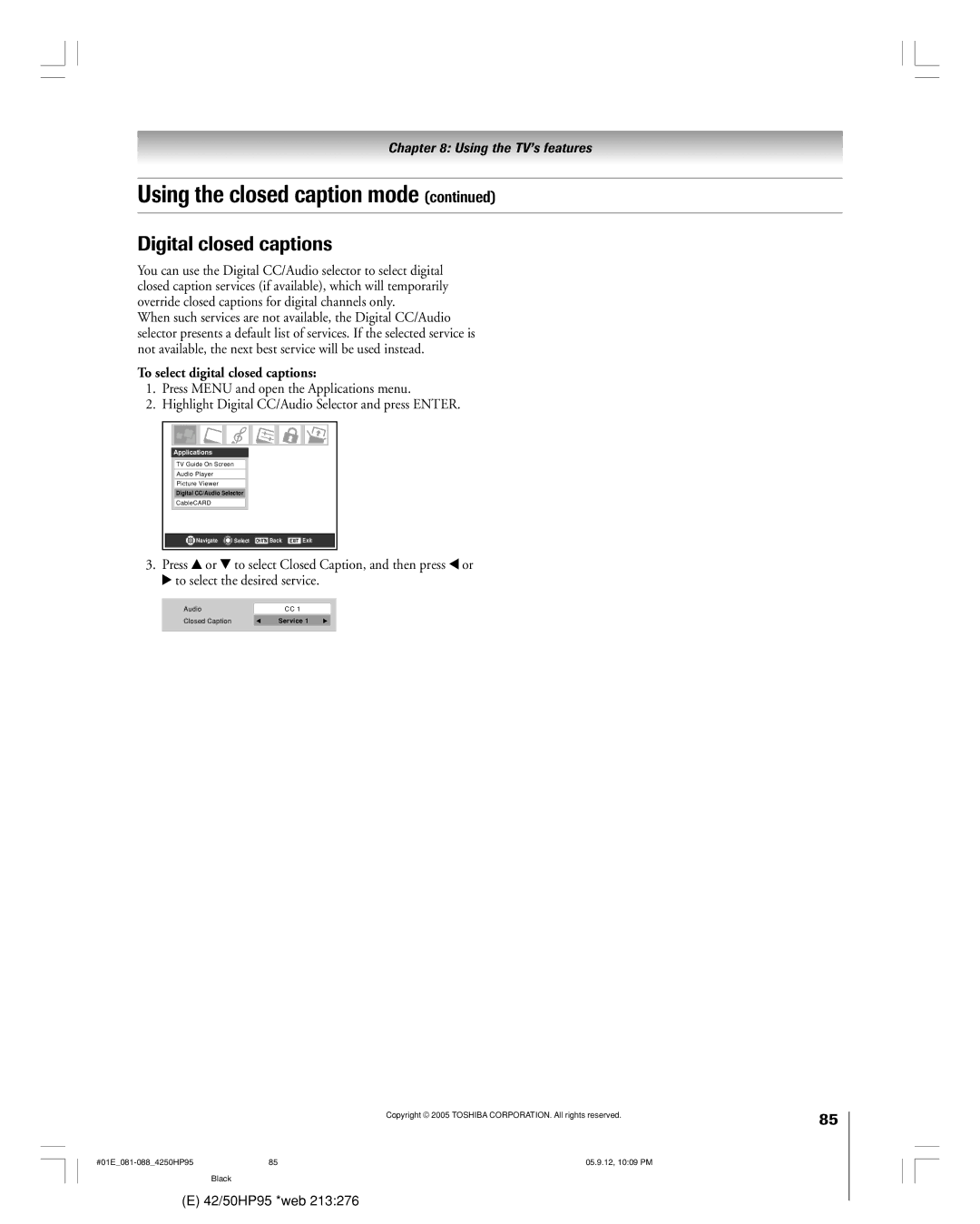 Toshiba 42HP95 owner manual Digital closed captions, To select digital closed captions 