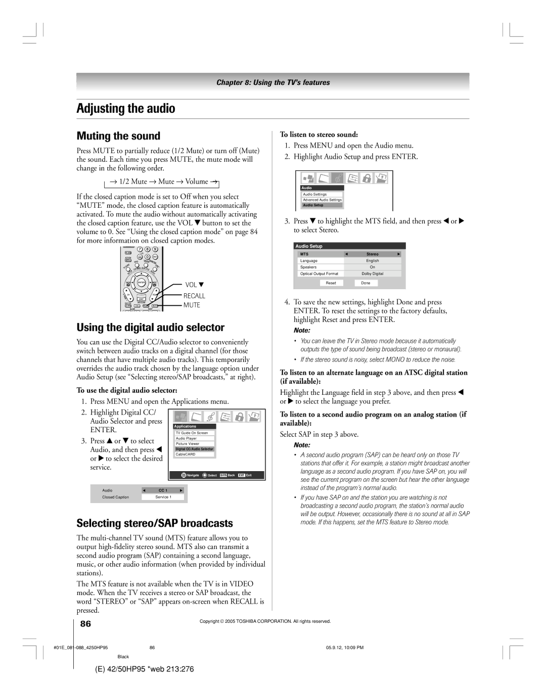 Toshiba 42HP95 Adjusting the audio, Muting the sound, Using the digital audio selector, Selecting stereo/SAP broadcasts 