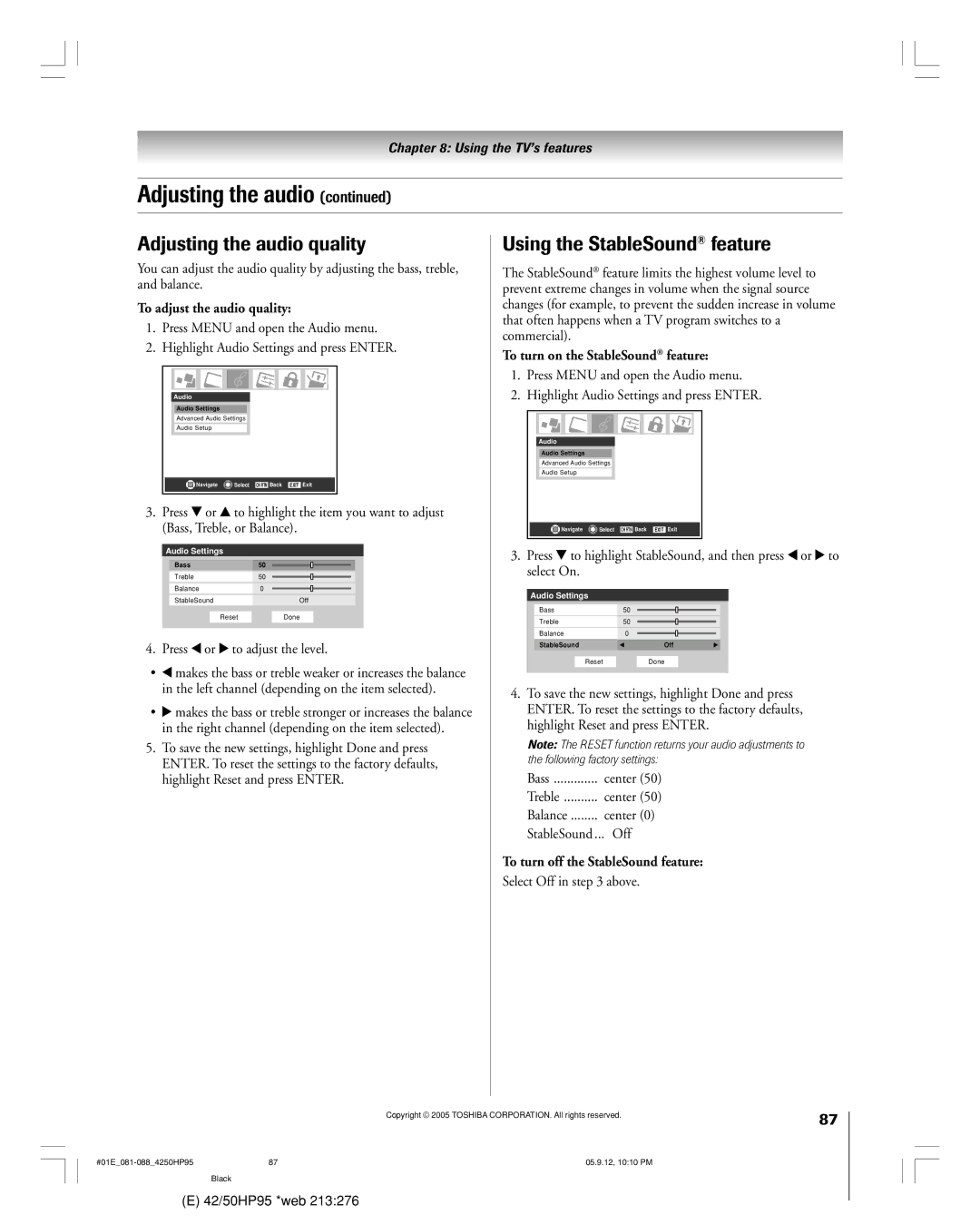 Toshiba 42HP95 owner manual Adjusting the audio quality, Using the StableSound feature, To adjust the audio quality 