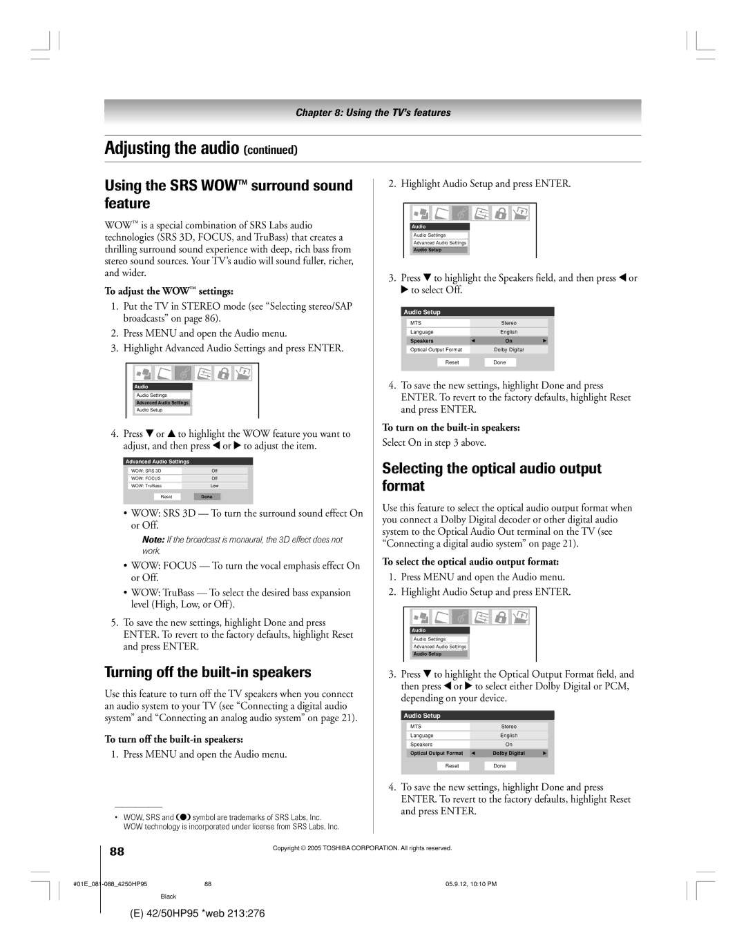 Toshiba 42HP95 owner manual Using the SRS WOW surround sound feature, Turning off the built-in speakers 