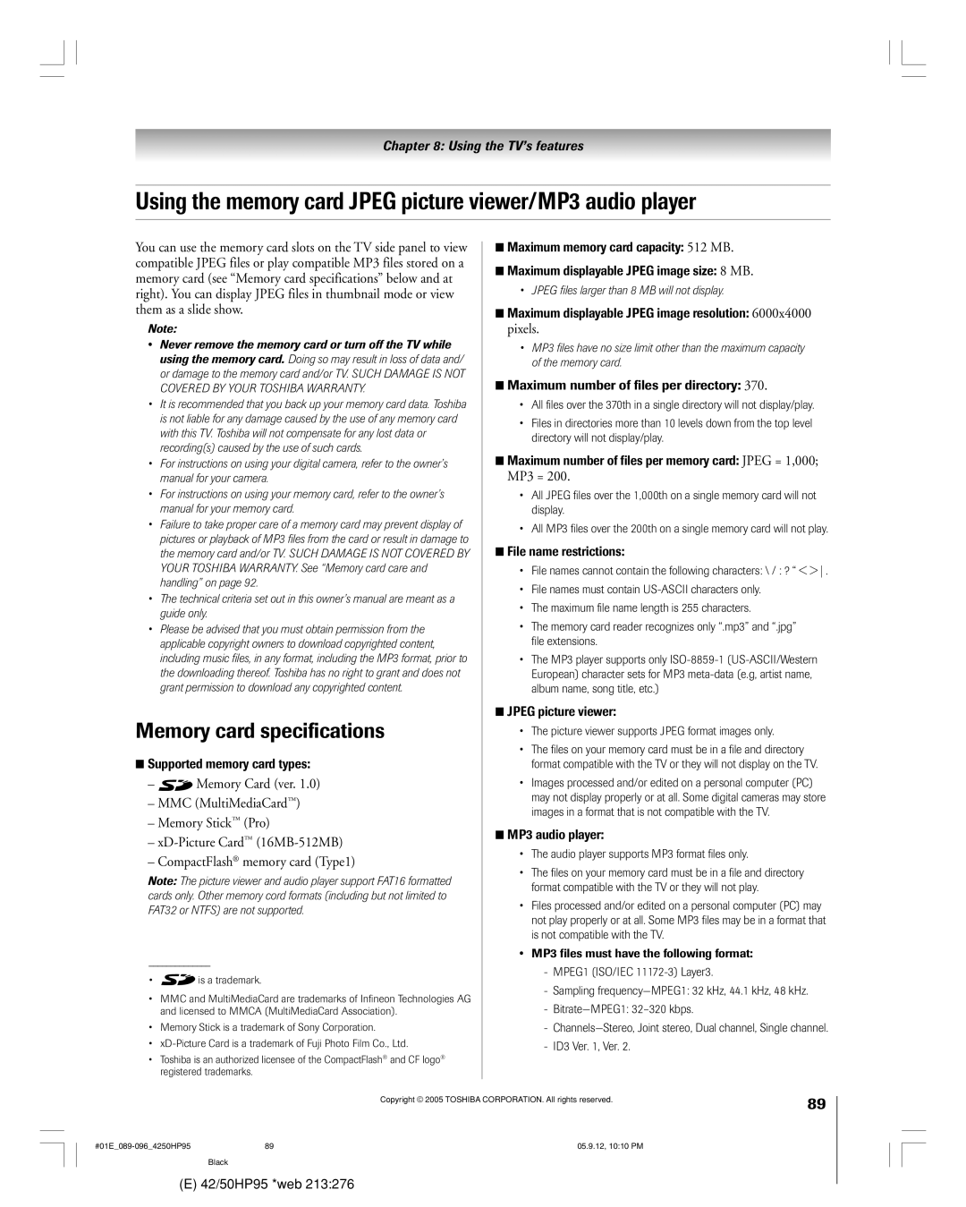 Toshiba 42HP95 owner manual Using the memory card Jpeg picture viewer/MP3 audio player, Memory card specifications 