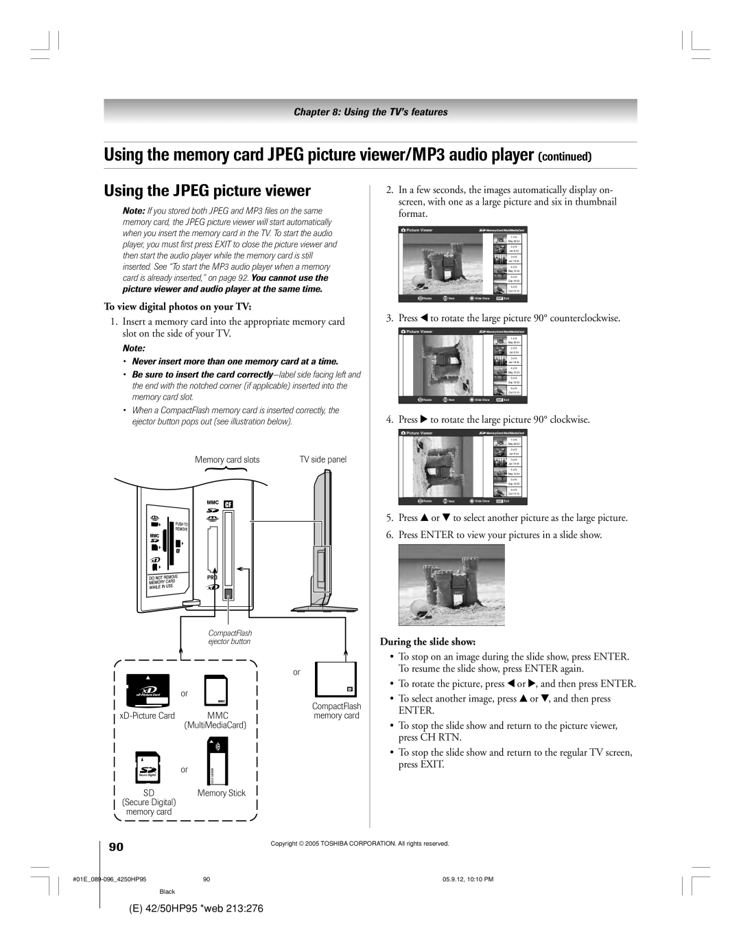 Toshiba 42HP95 owner manual Using the Jpeg picture viewer, To view digital photos on your TV, During the slide show 