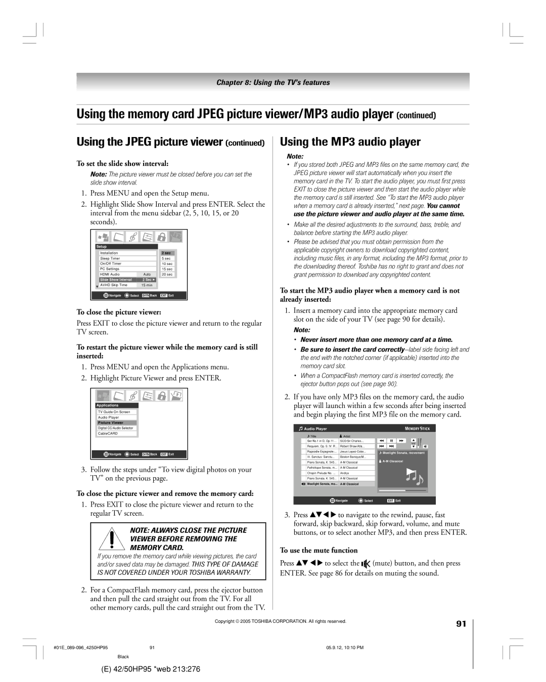 Toshiba 42HP95 owner manual Using the MP3 audio player, Using the Jpeg picture viewer 