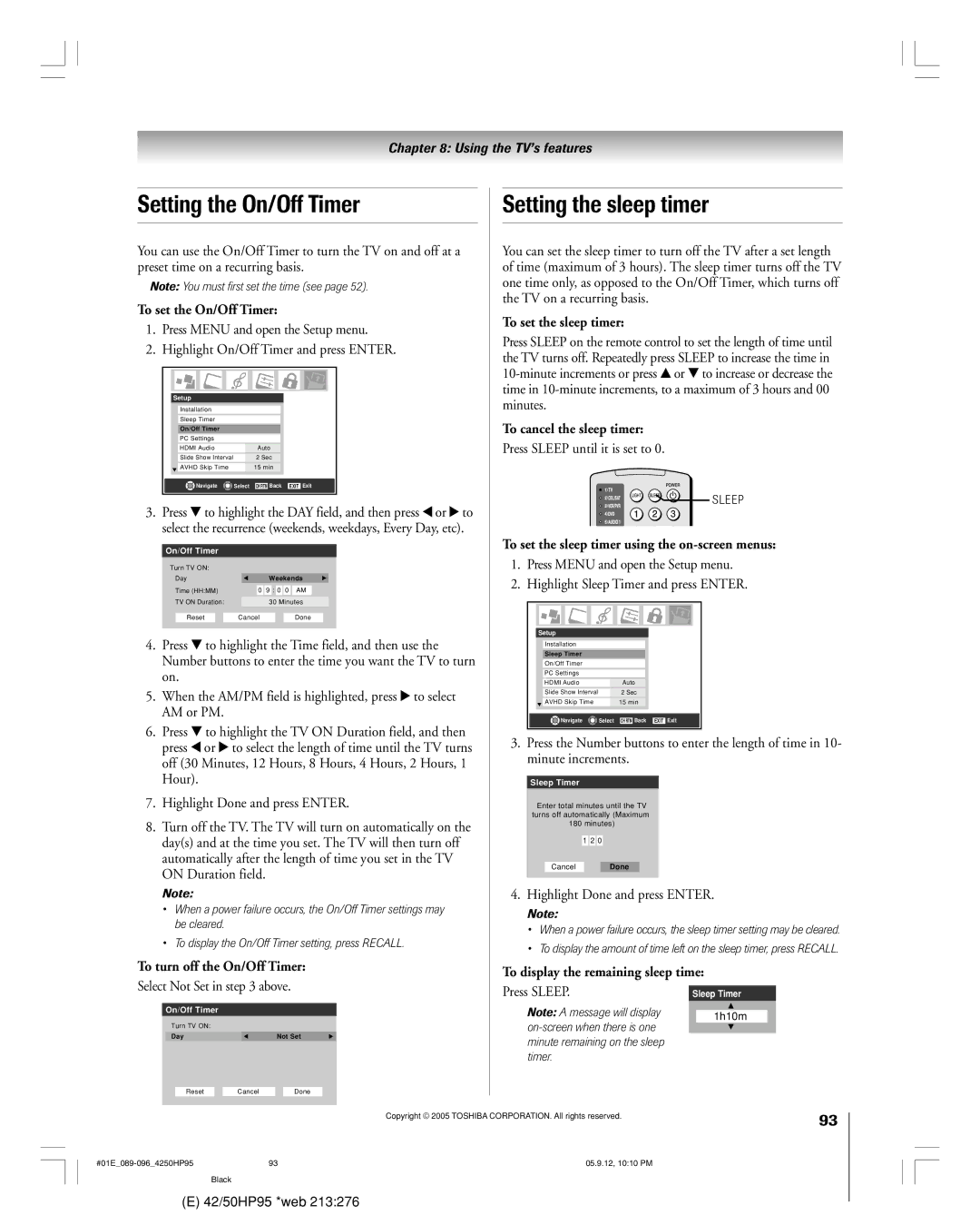 Toshiba 42HP95 owner manual Setting the On/Off Timer, Setting the sleep timer 