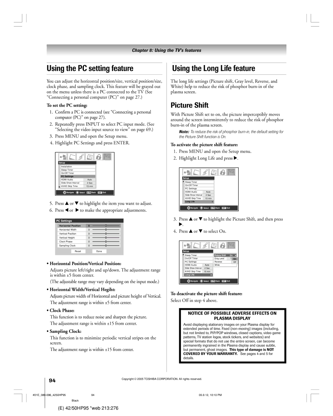 Toshiba 42HP95 owner manual Using the PC setting feature, Using the Long Life feature, Picture Shift 