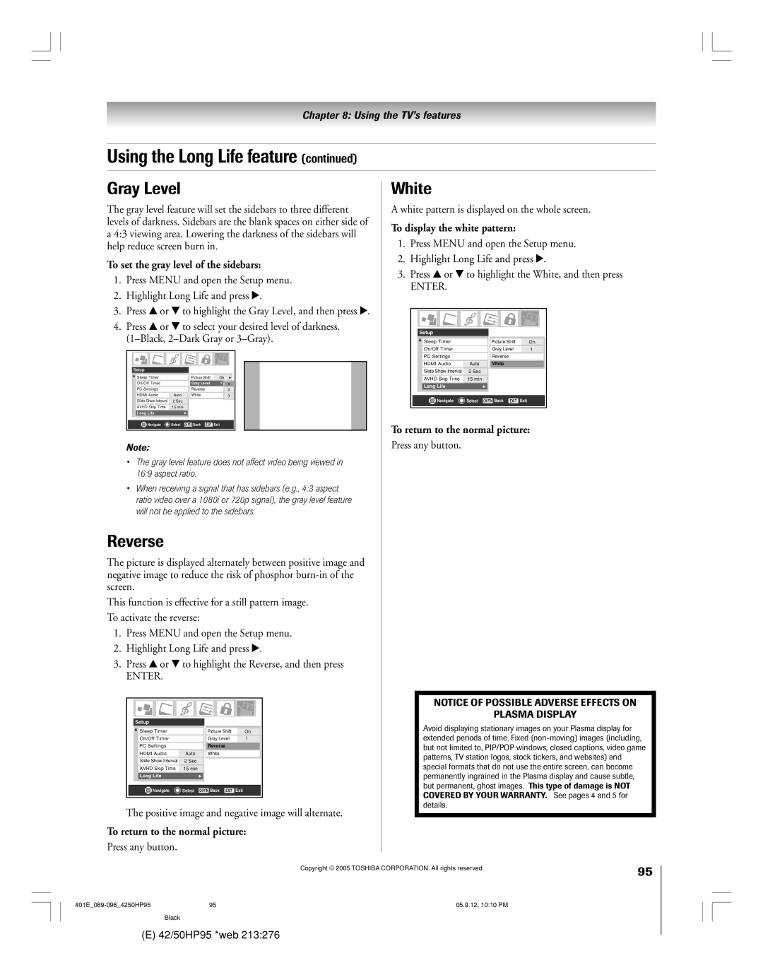 Toshiba 42HP95 owner manual Gray Level White, Reverse, To display the white pattern, To set the gray level of the sidebars 