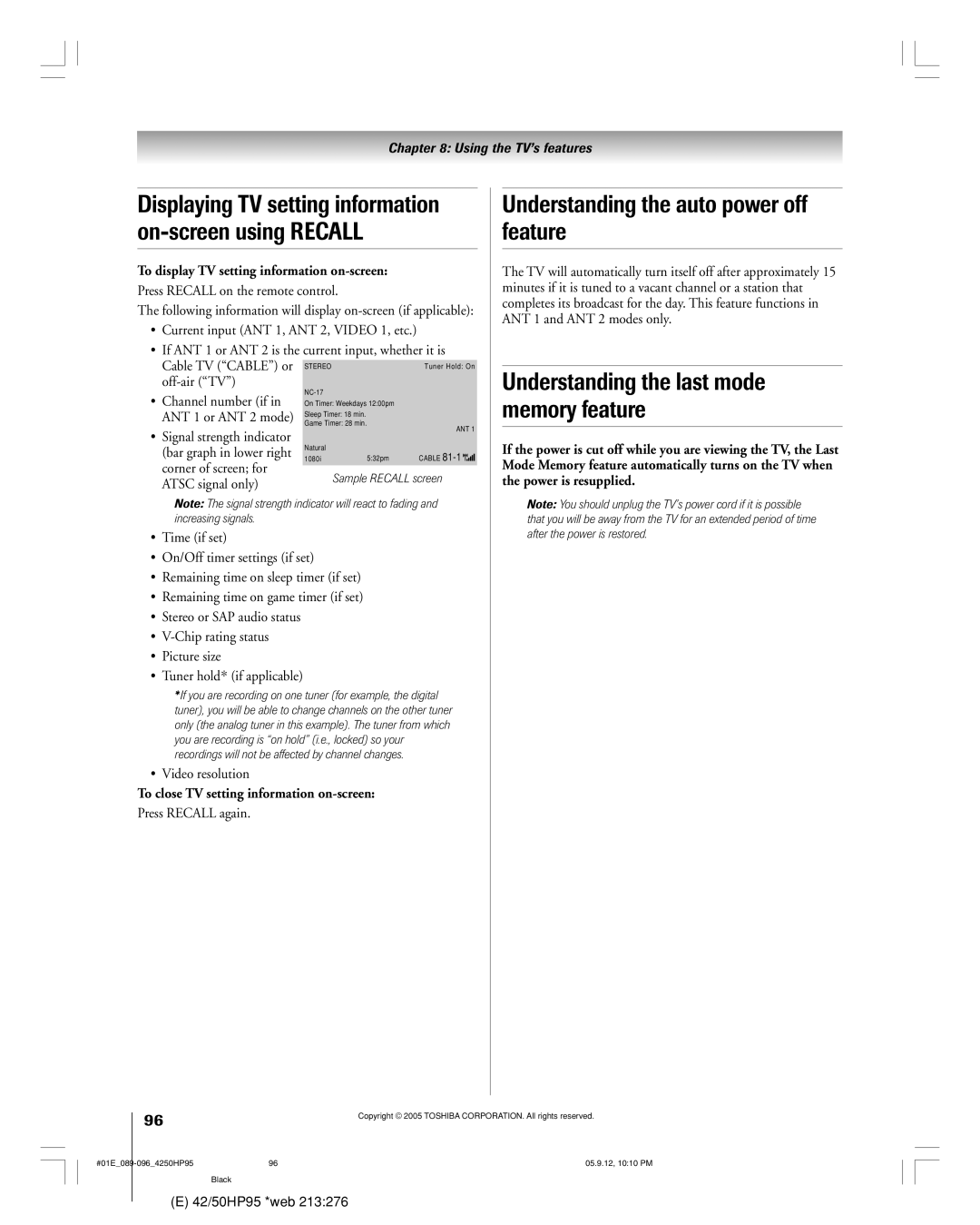 Toshiba 42HP95 owner manual Understanding the auto power off feature, Understanding the last mode memory feature 