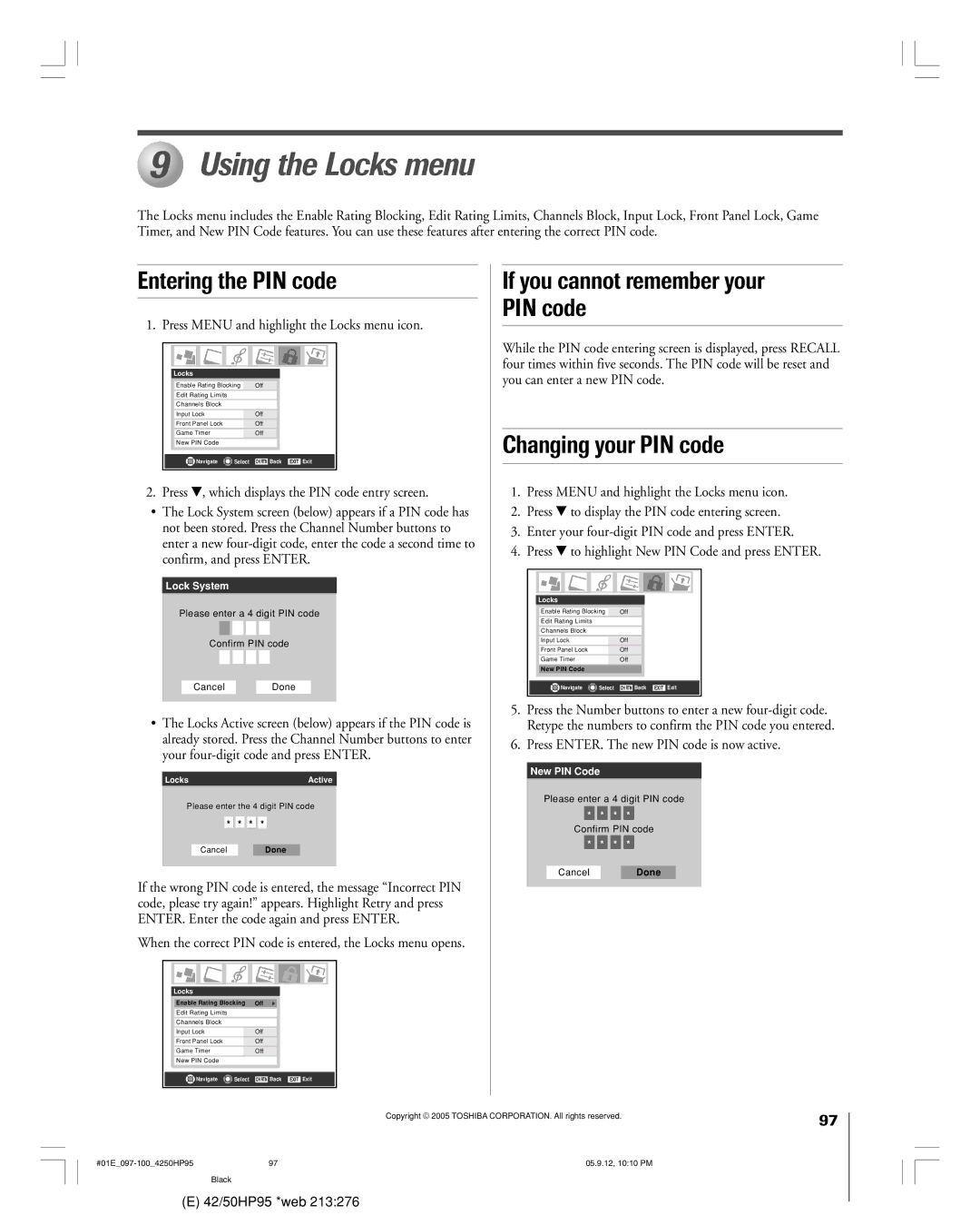 Toshiba 42HP95 Using the Locks menu, Entering the PIN code, If you cannot remember your PIN code, Changing your PIN code 