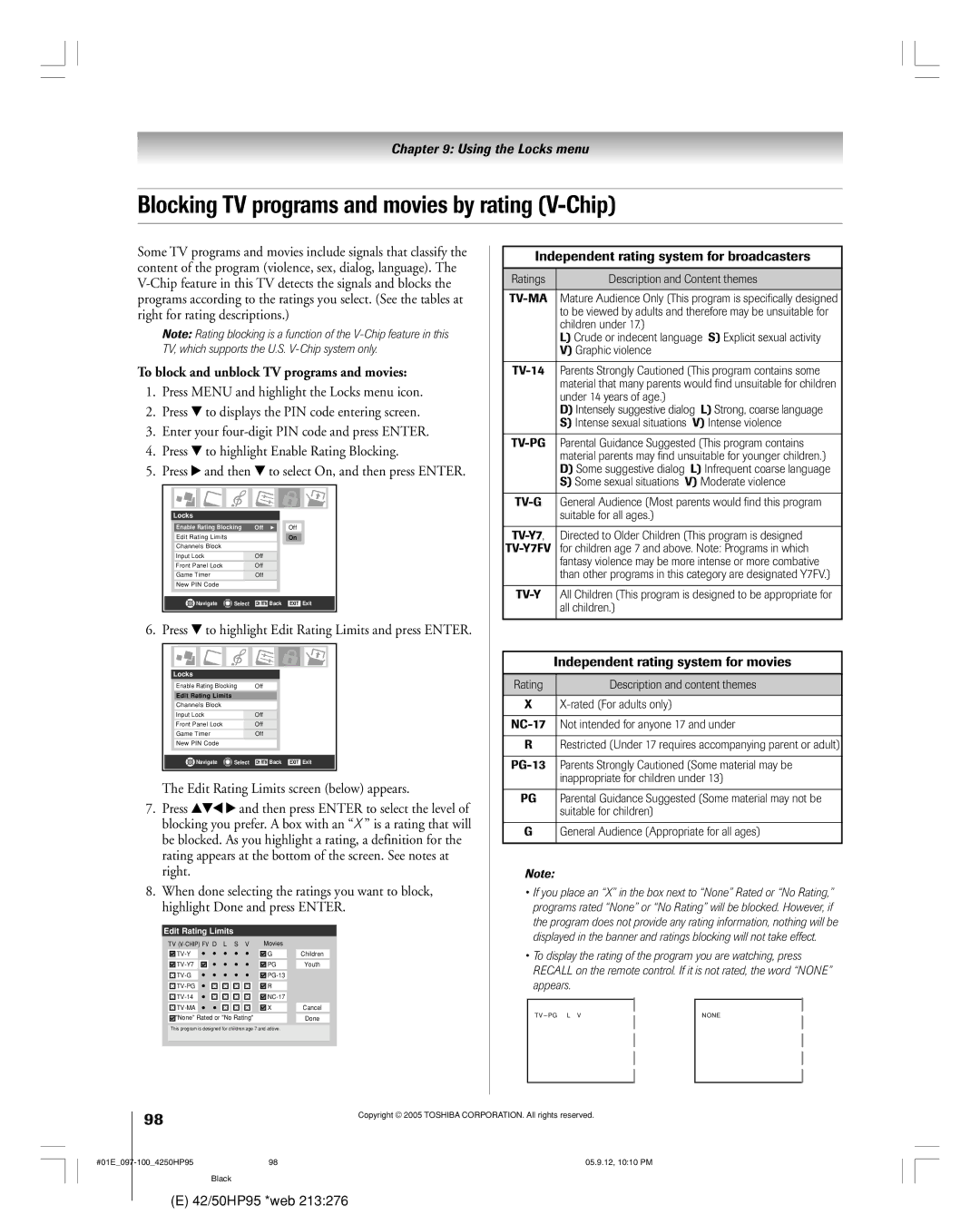 Toshiba 42HP95 owner manual Blocking TV programs and movies by rating V-Chip, To block and unblock TV programs and movies 