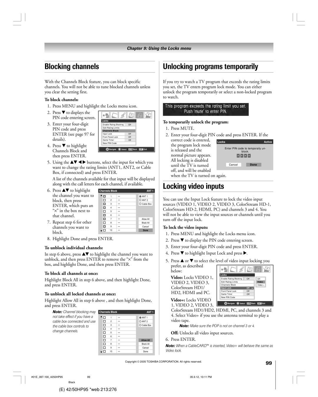 Toshiba 42HP95 owner manual Blocking channels, Unlocking programs temporarily, Locking video inputs 