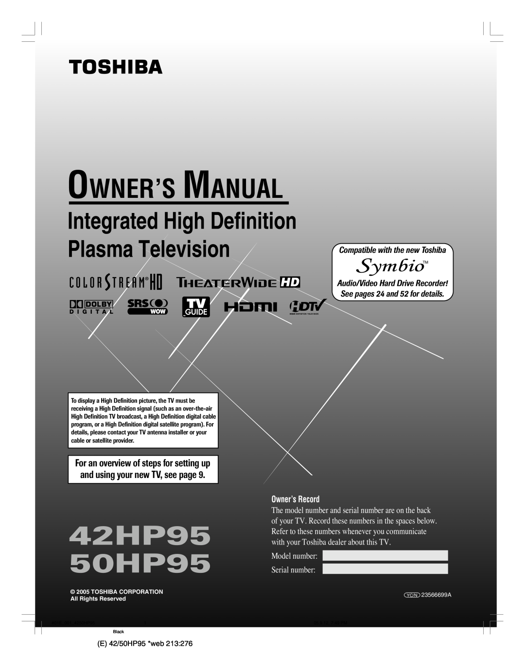 Toshiba owner manual 42HP95 50HP95, Owner’S Manual, Integrated High Definition Plasma Television, Owner’s Record 