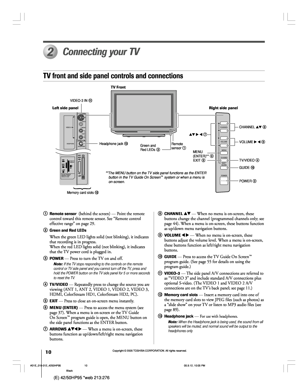 Toshiba 42HP95 owner manual Connecting your TV, TV front and side panel controls and connections 