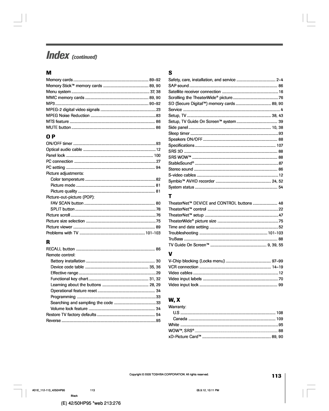 Toshiba 42HP95 owner manual Index continued 