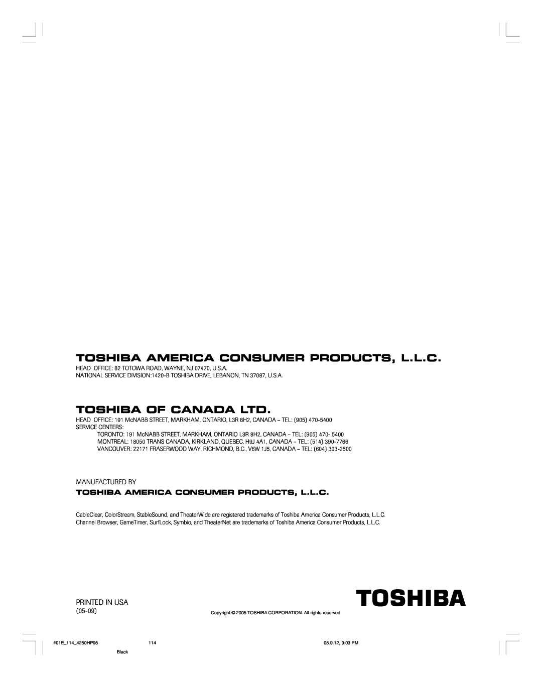 Toshiba 42HP95 owner manual Toshiba America Consumer Products, L.L.C, Printed In Usa 