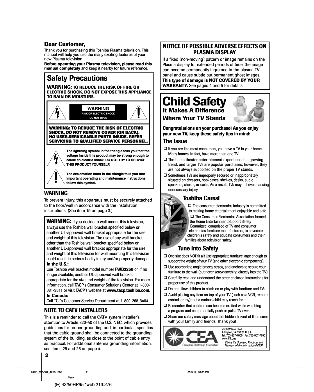 Toshiba 42HP95 Safety Precautions, Note To Catv Installers, Notice Of Possible Adverse Effects On Plasma Display 
