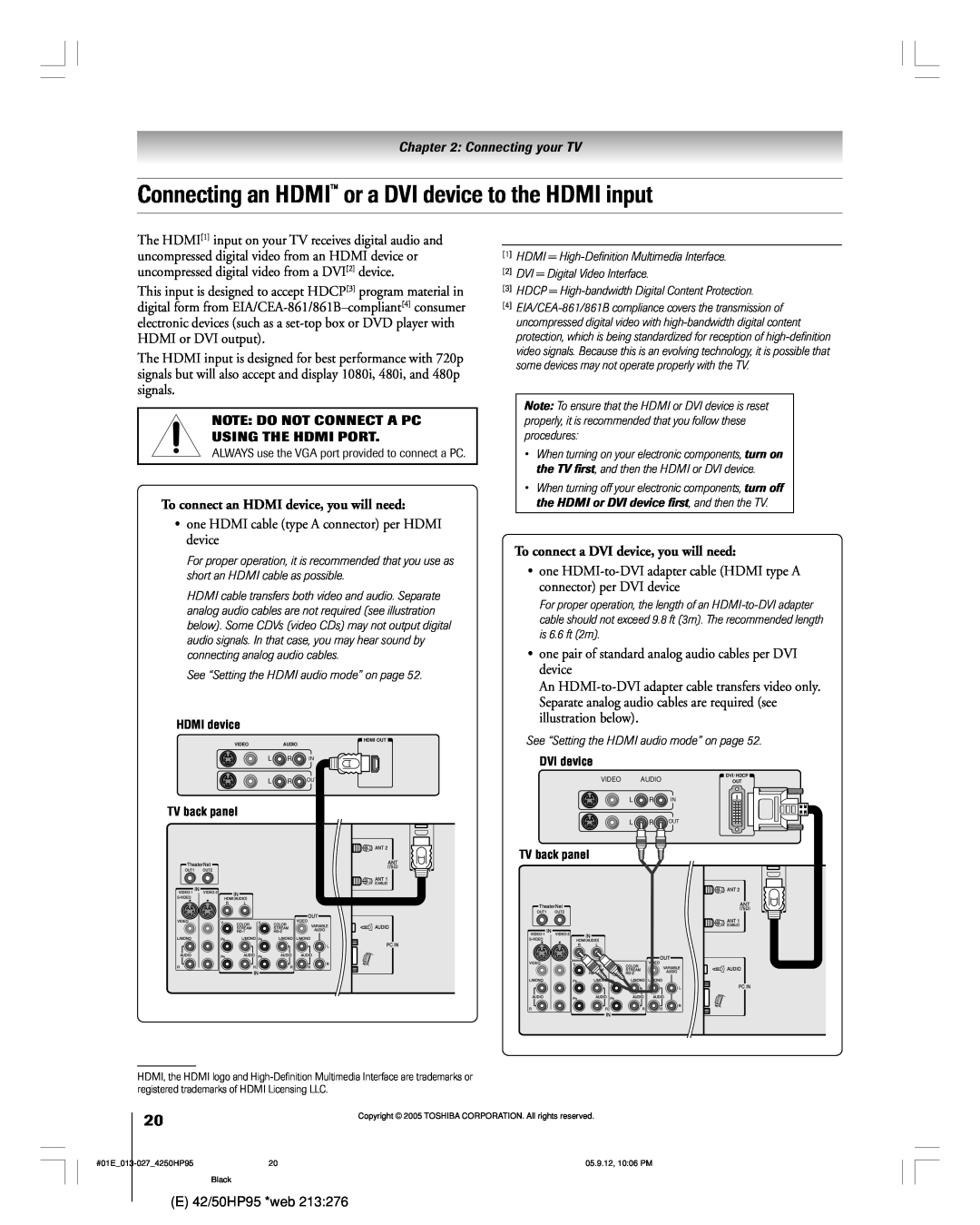 Toshiba 42HP95 owner manual Connecting an HDMI or a DVI device to the HDMI input, To connect an HDMI device, you will need 