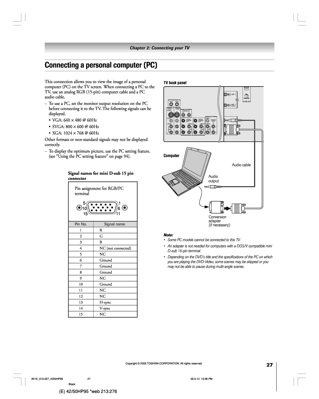 Toshiba 42HP95 owner manual Connecting a personal computer PC, Signal names for mini D-sub 15 pin connector 