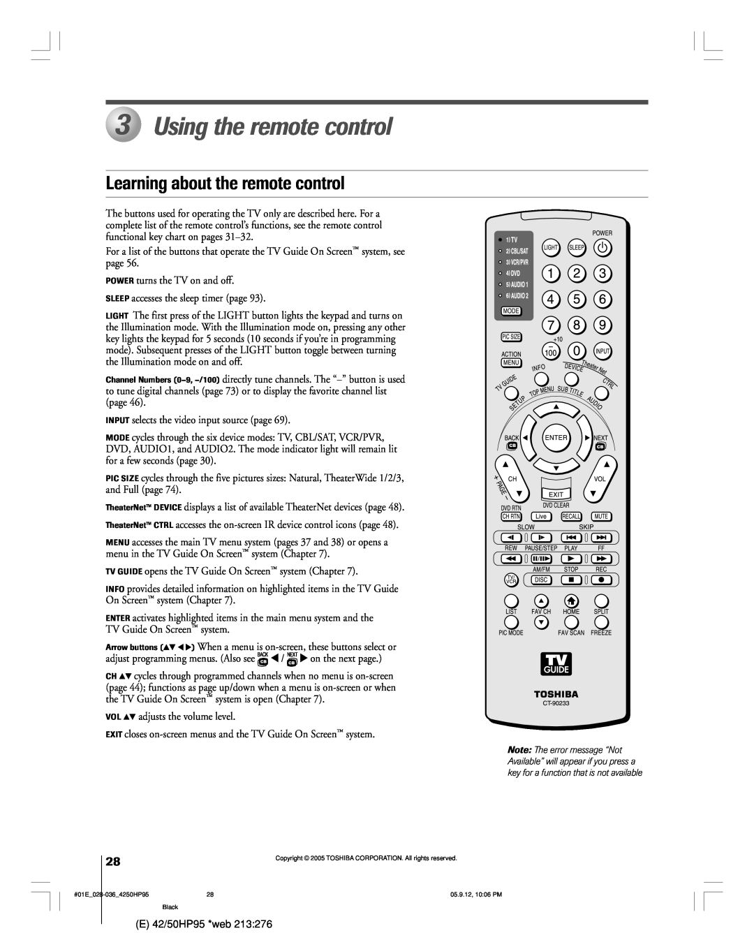 Toshiba 42HP95 owner manual Using the remote control, Learning about the remote control 