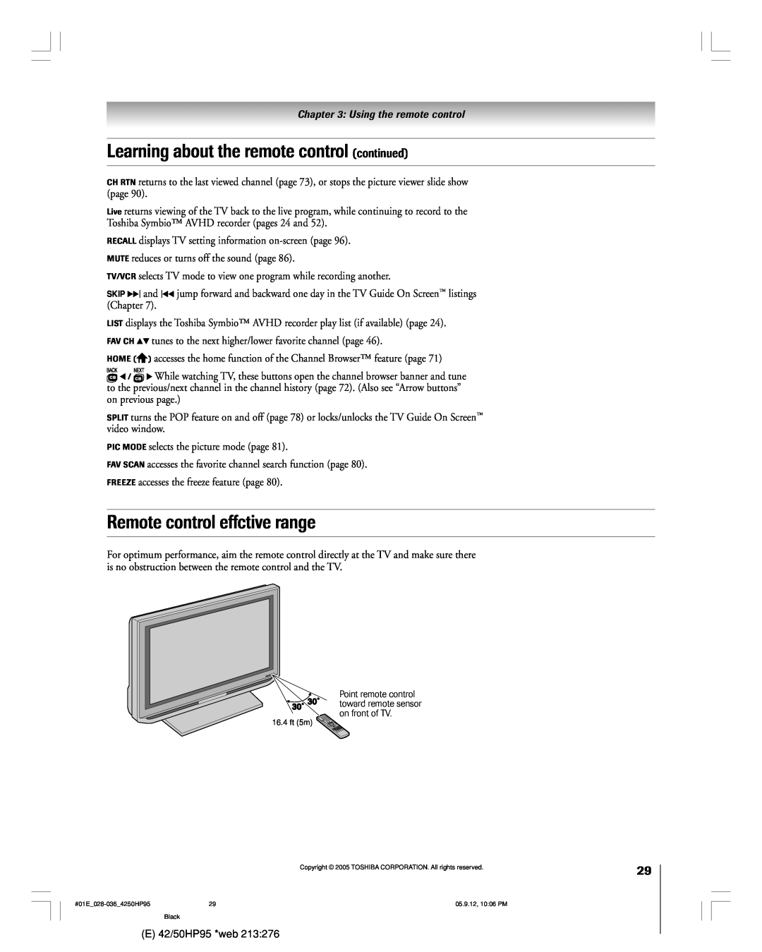 Toshiba 42HP95 owner manual Learning about the remote control continued, Remote control effctive range 