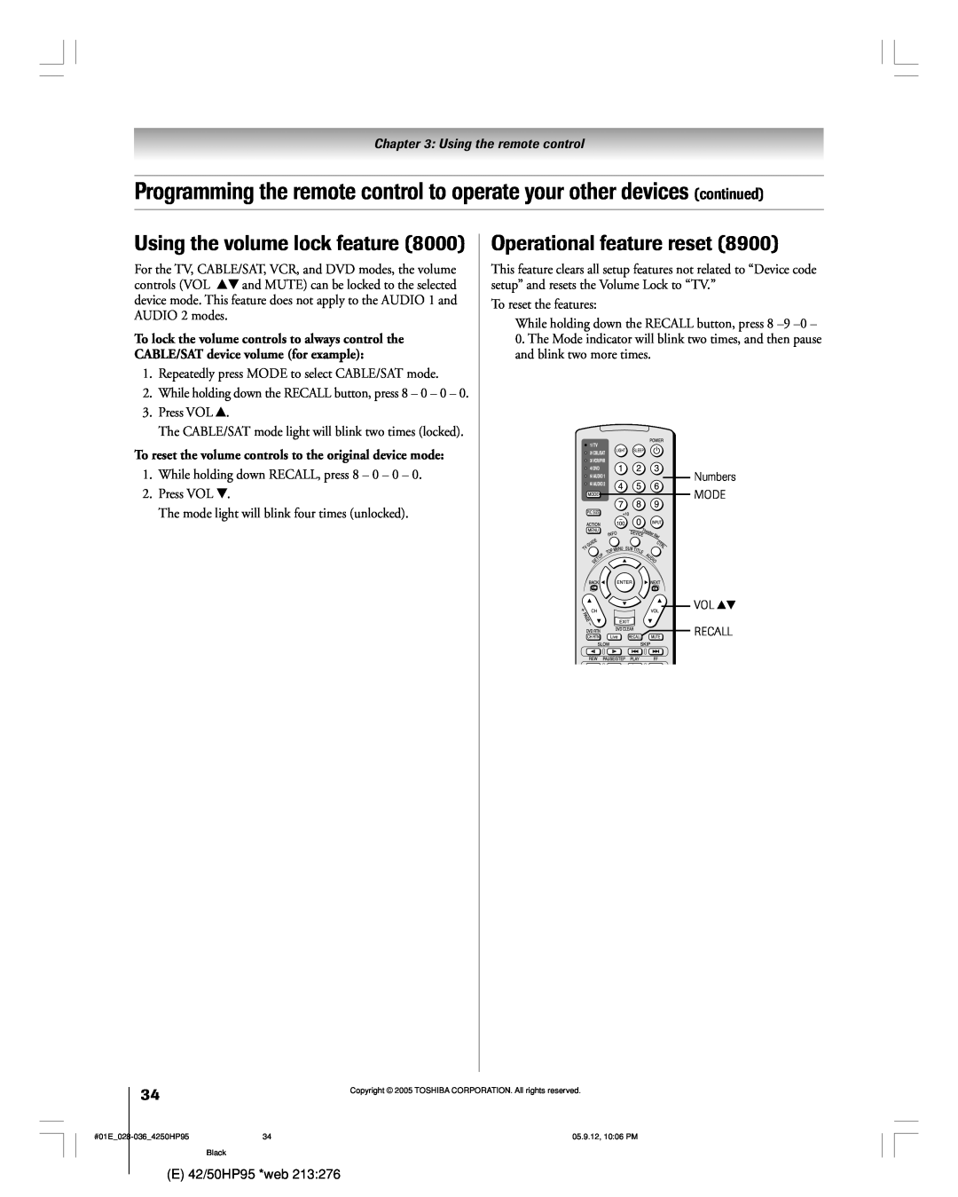 Toshiba 42HP95 owner manual Using the volume lock feature, Operational feature reset 