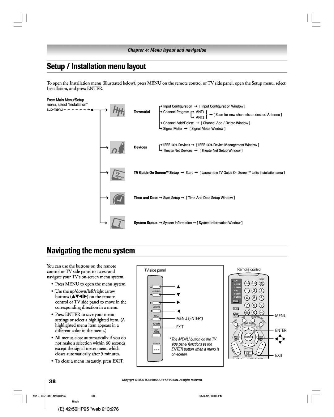 Toshiba 42HP95 Setup / Installation menu layout, Navigating the menu system, Press MENU to open the menu system 