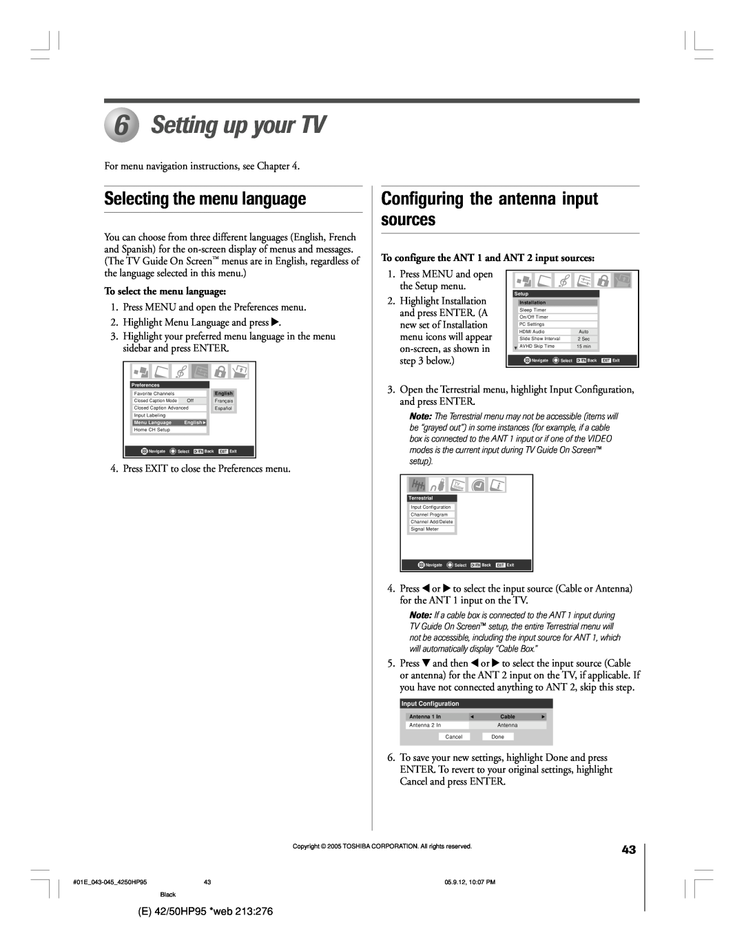 Toshiba 42HP95 owner manual Setting up your TV, Selecting the menu language, Configuring the antenna input, sources 