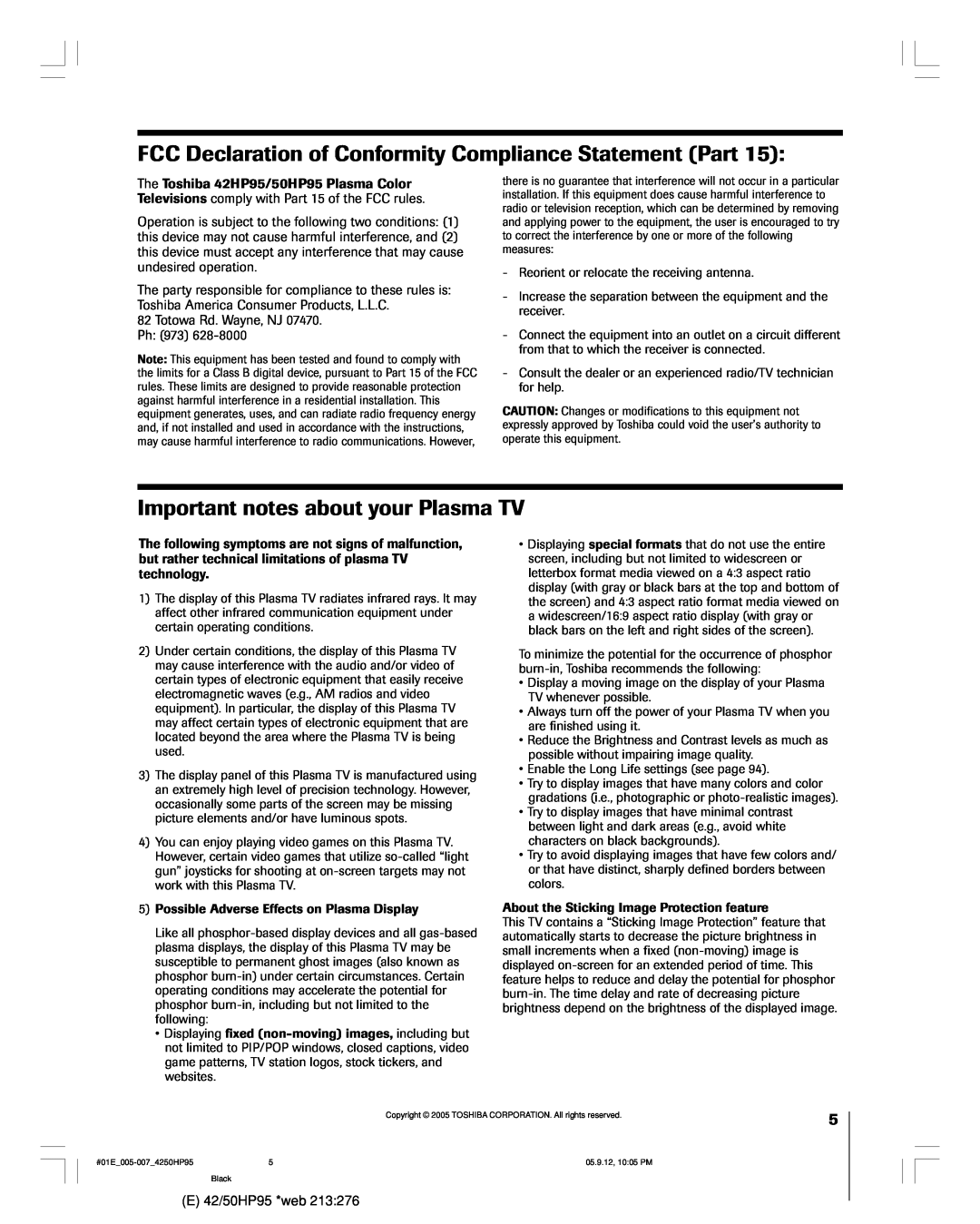 Toshiba 42HP95 owner manual FCC Declaration of Conformity Compliance Statement Part, Important notes about your Plasma TV 